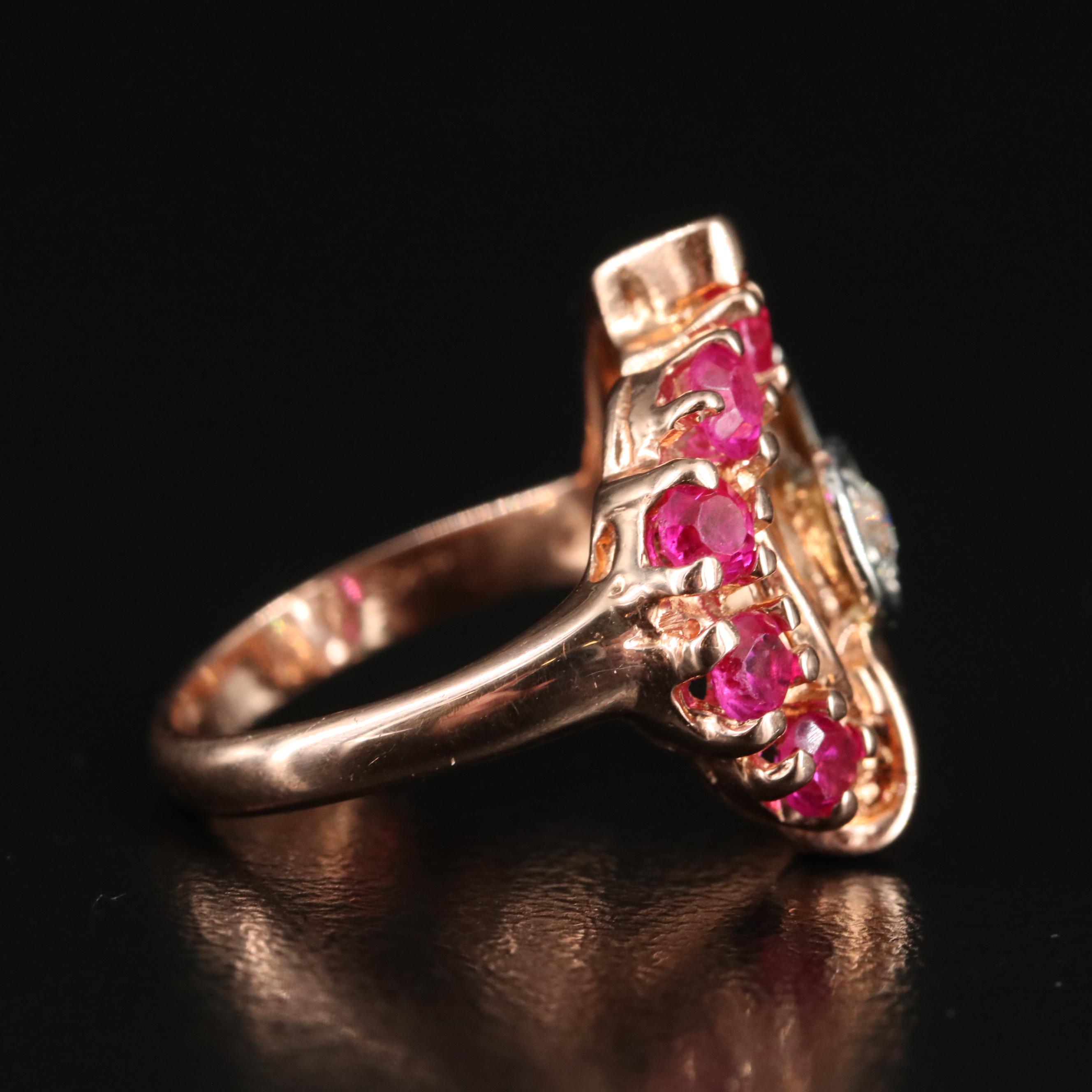 Retro 14K Rose Gold Diamond and Ruby Ring with Palladium Accent
