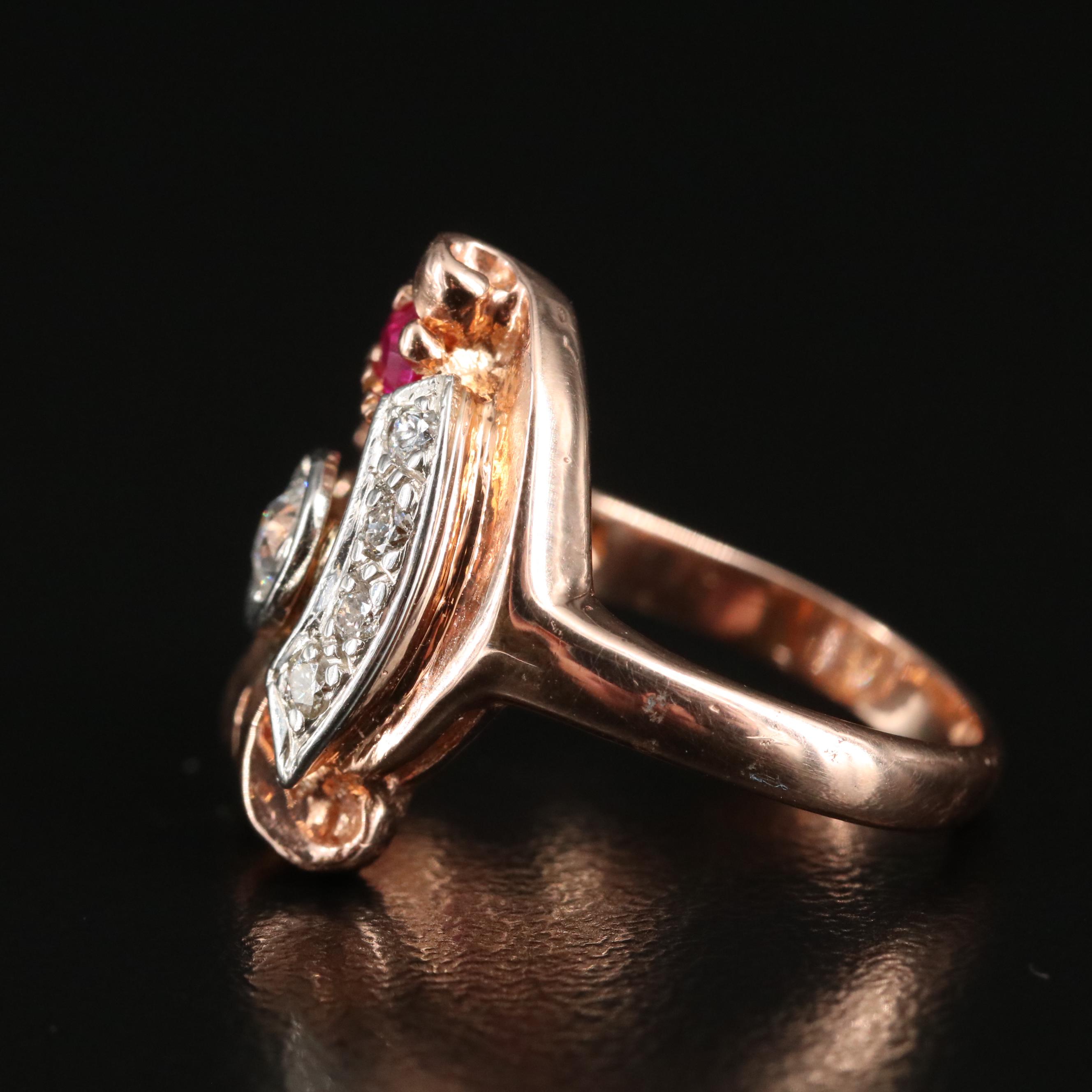 Retro 14K Rose Gold Diamond and Ruby Ring with Palladium Accent