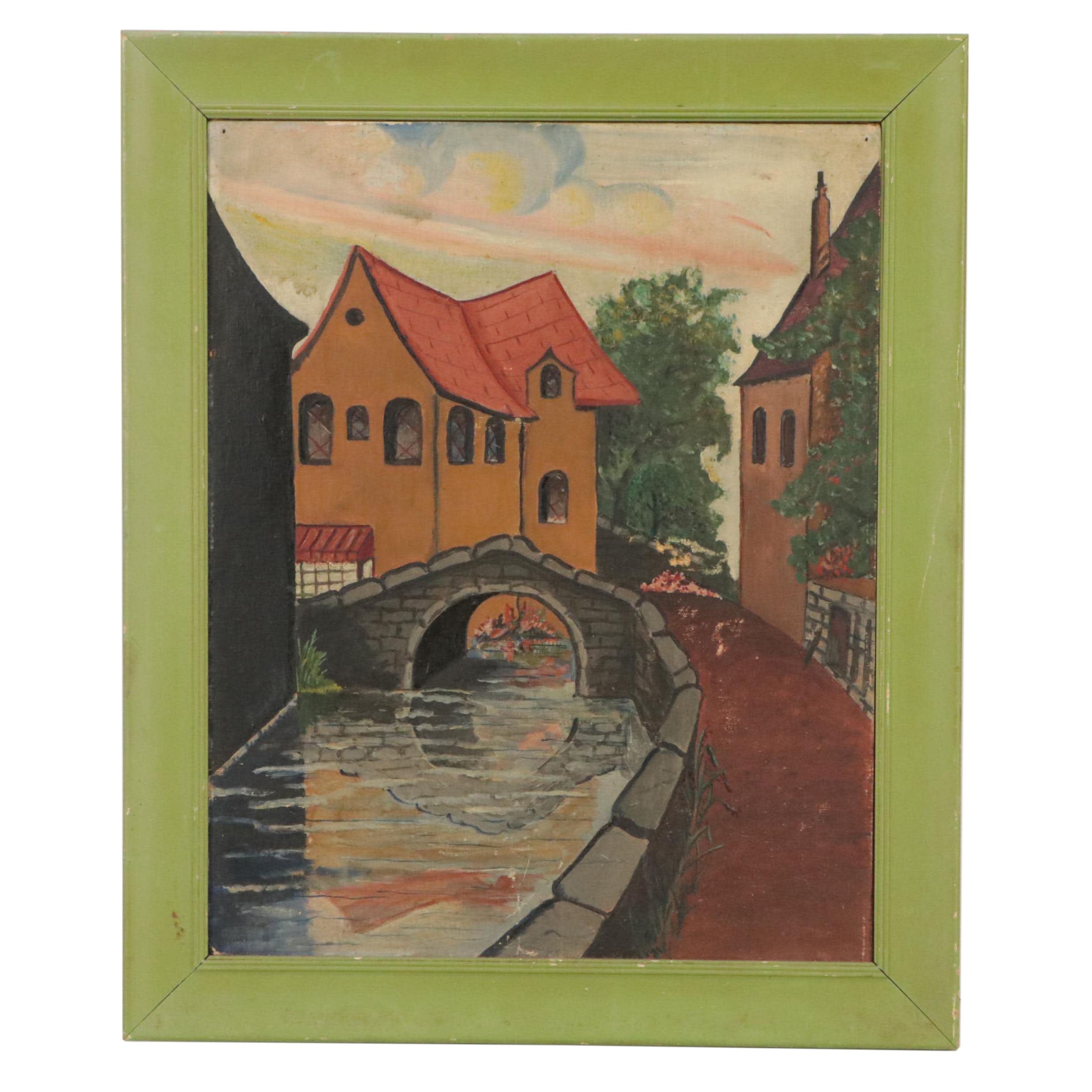 Cityscape Oil Painting of Canal Scene