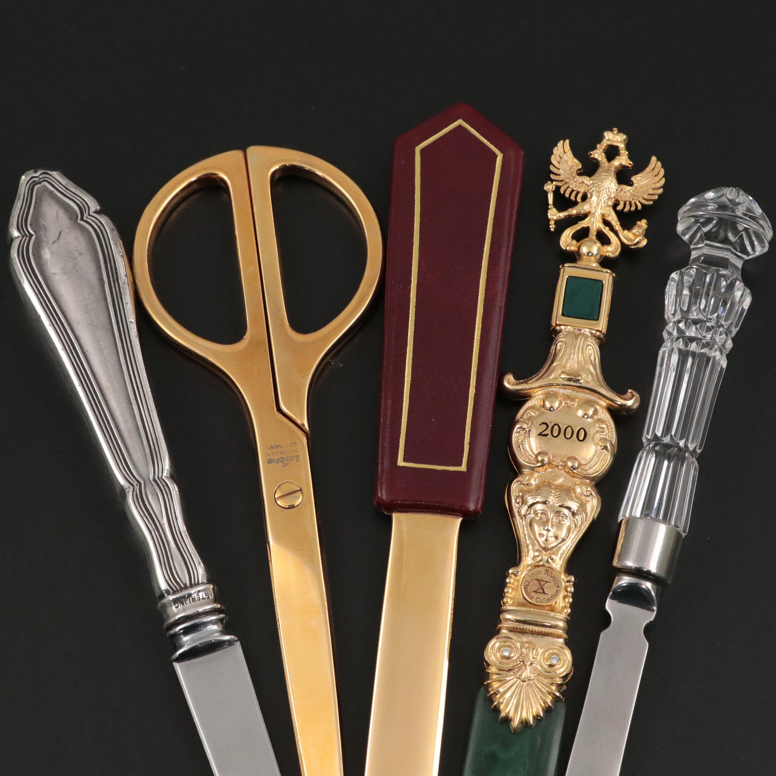 Lerche Brass and Leather Scissor and Letter Opener Set with Other Letter Openers