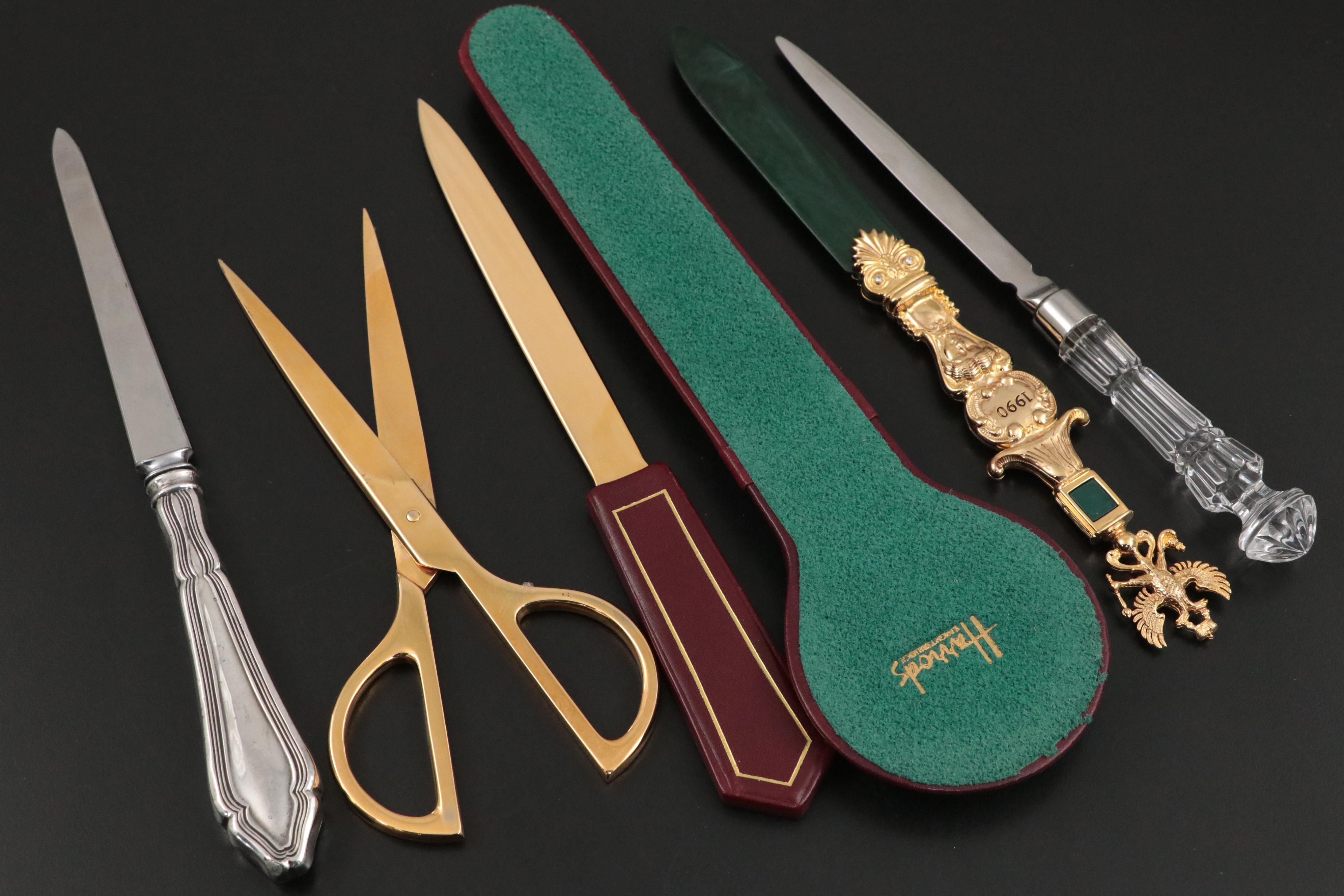 Lerche Brass and Leather Scissor and Letter Opener Set with Other Letter Openers