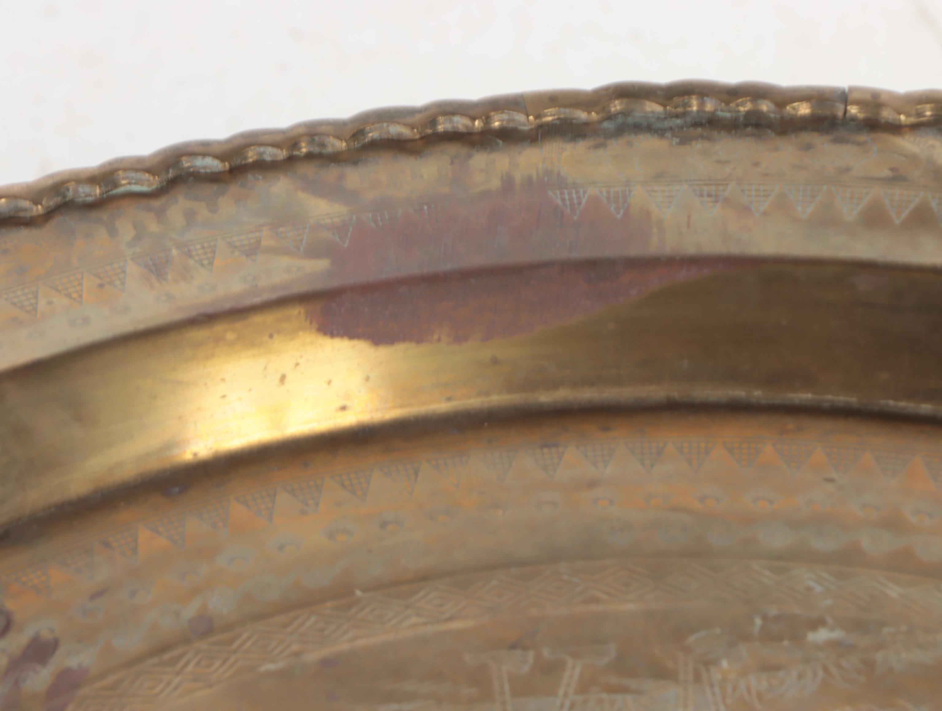 Chinese Engraved Brass Tray with Folding Mid Century Modern Wooden Base