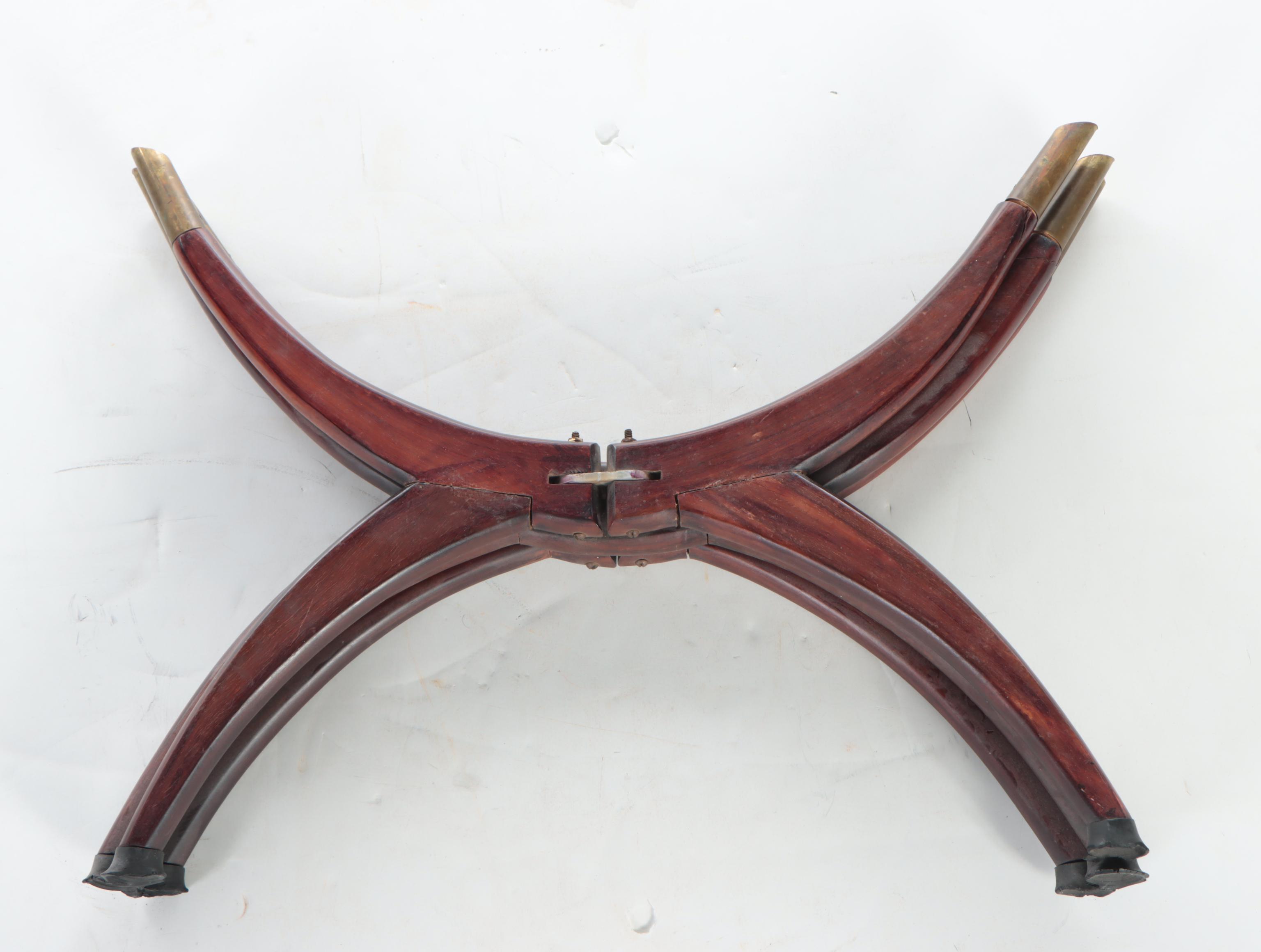 Chinese Engraved Brass Tray with Folding Mid Century Modern Wooden Base