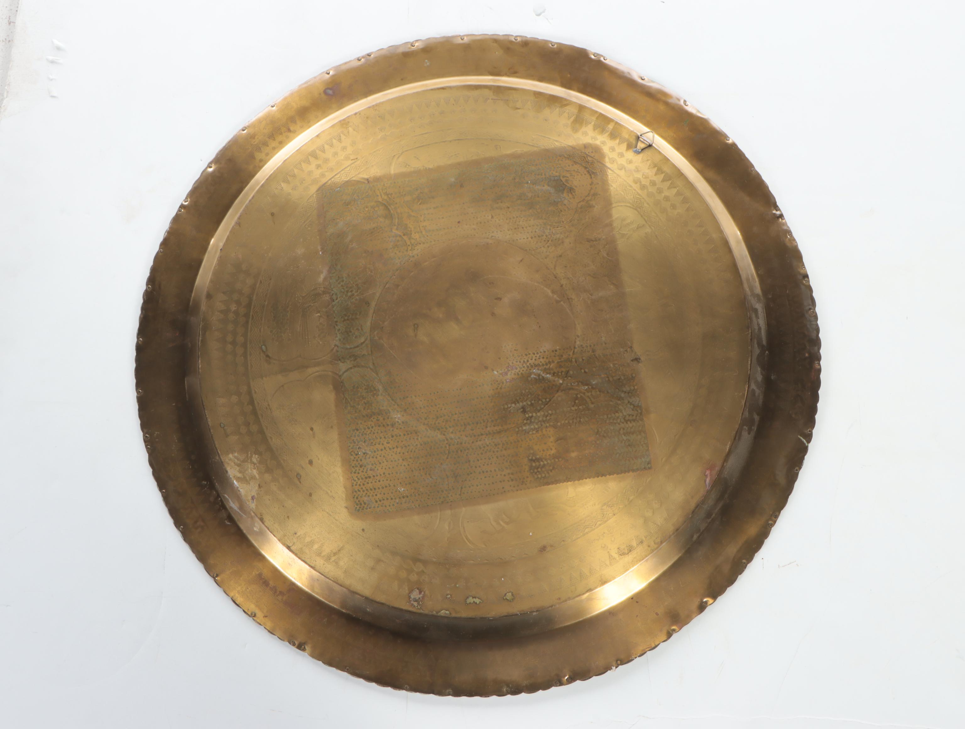 Chinese Engraved Brass Tray with Folding Mid Century Modern Wooden Base