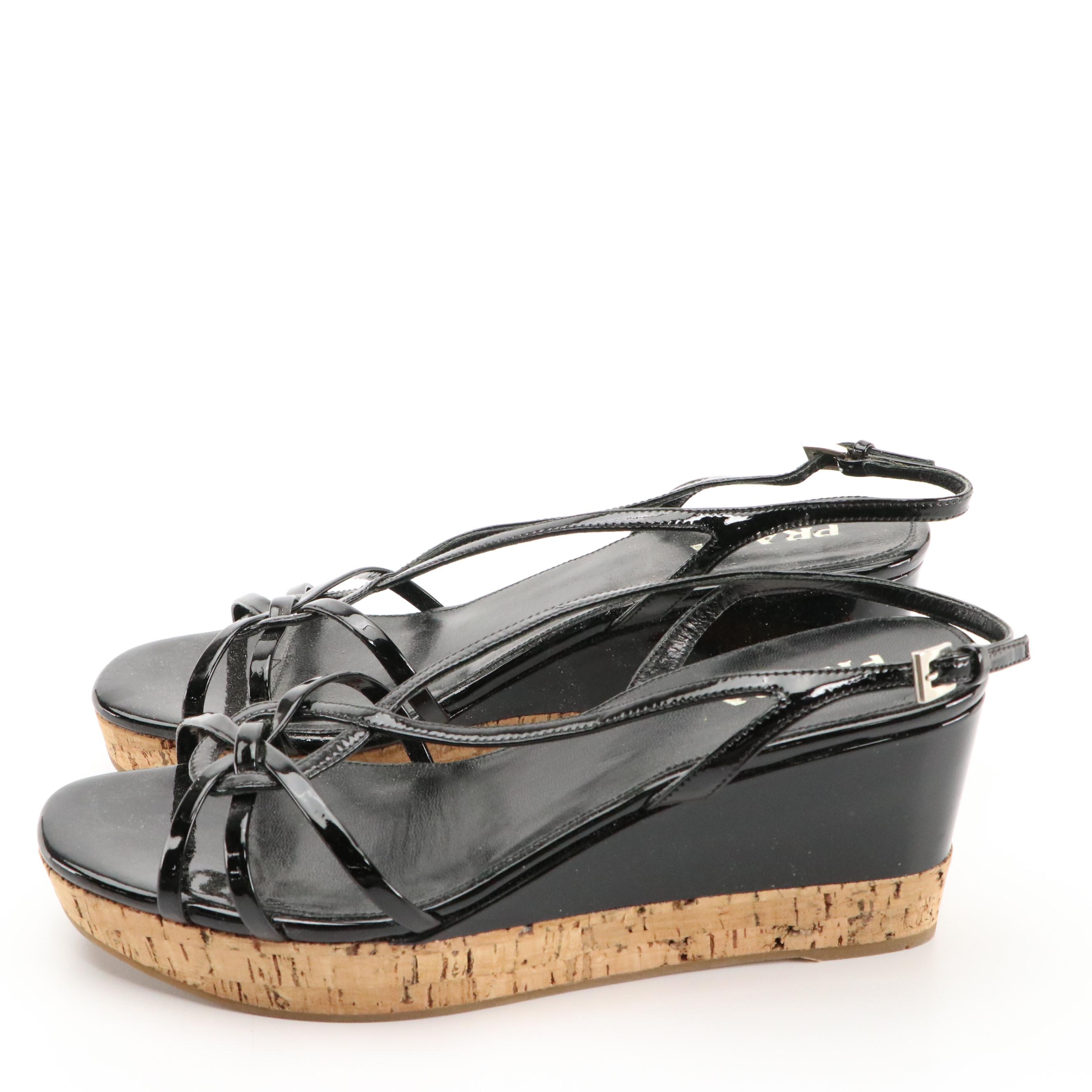 Prada Black Patent Leather and Cork Platform Slingback Wedge Sandals