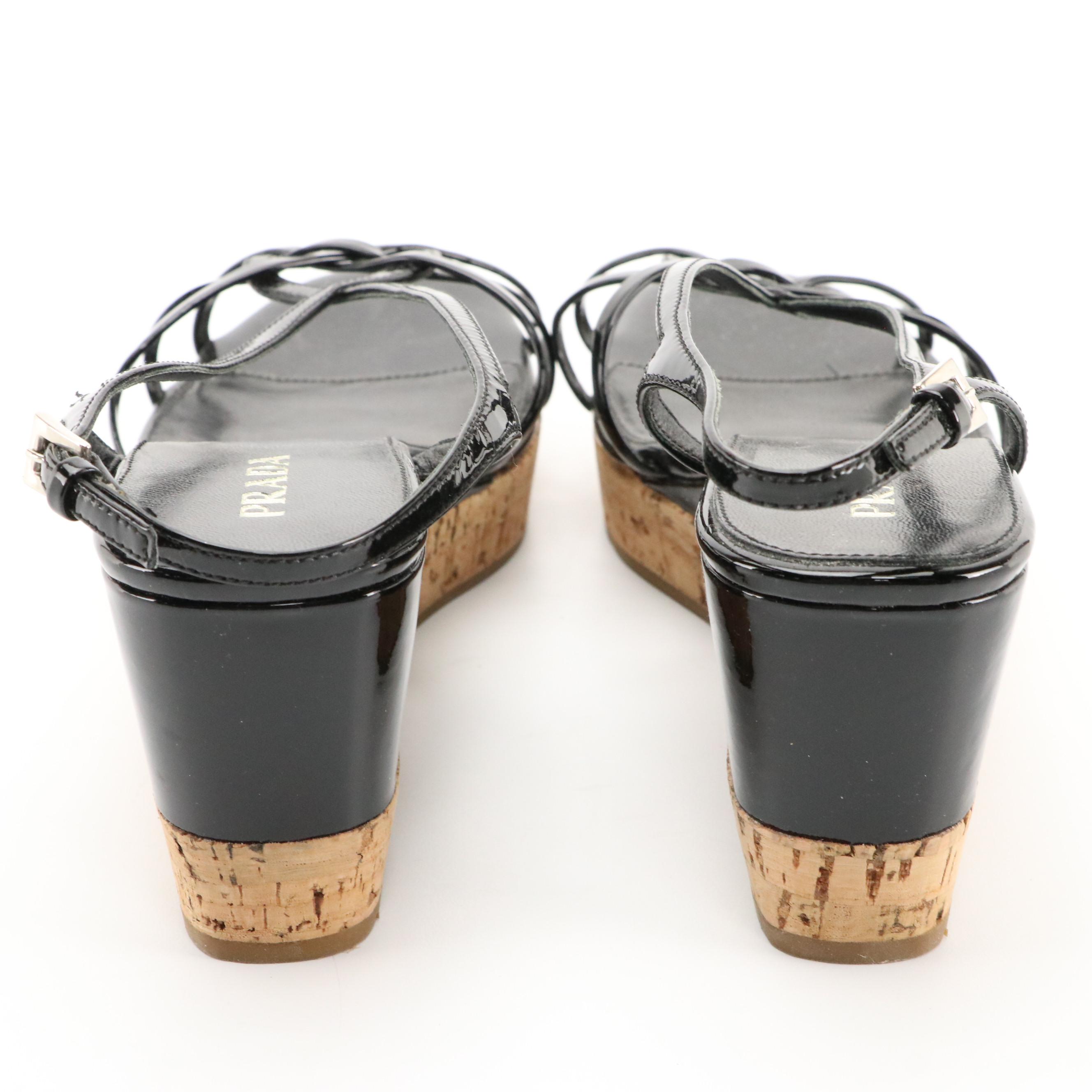 Prada Black Patent Leather and Cork Platform Slingback Wedge Sandals