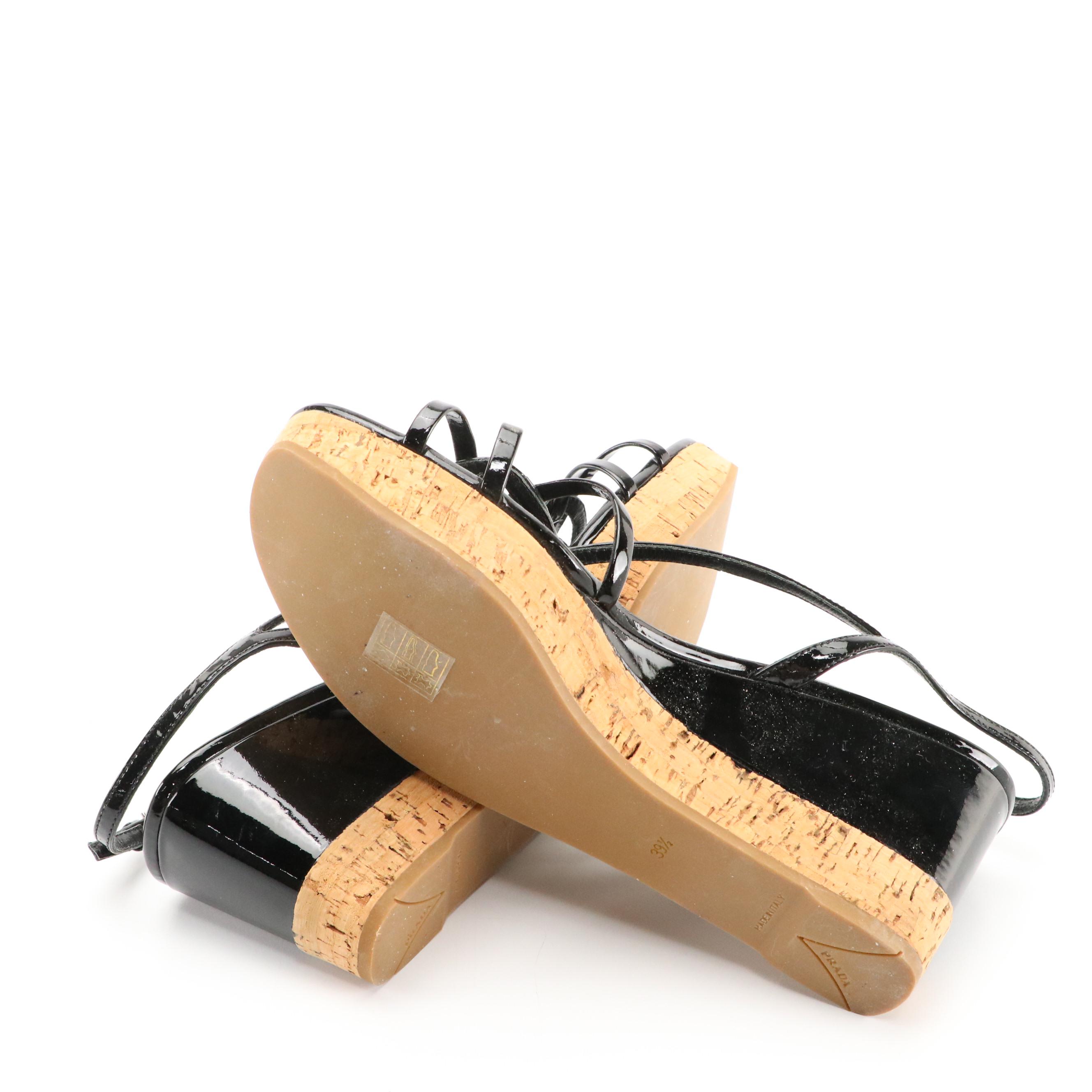 Prada Black Patent Leather and Cork Platform Slingback Wedge Sandals