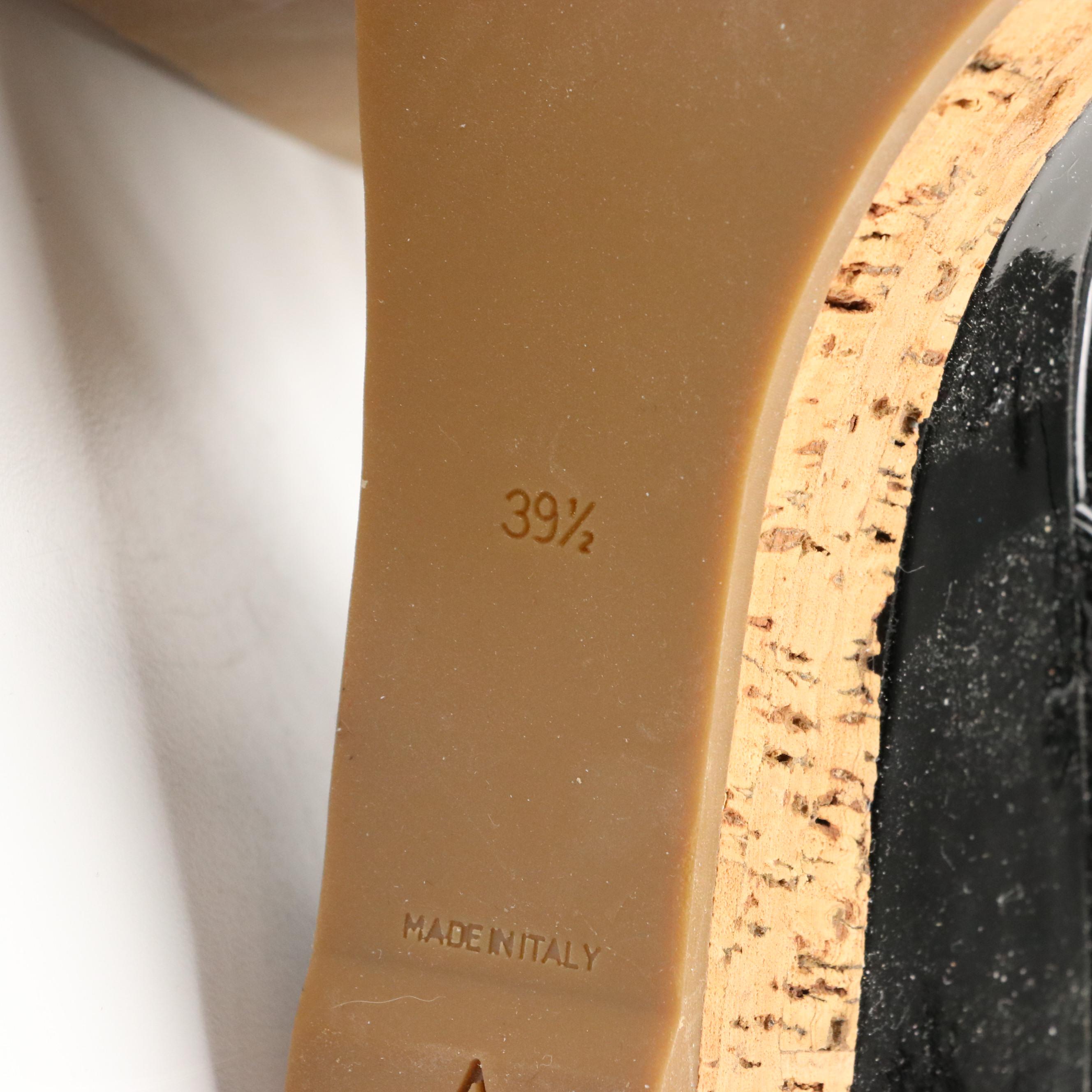 Prada Black Patent Leather and Cork Platform Slingback Wedge Sandals