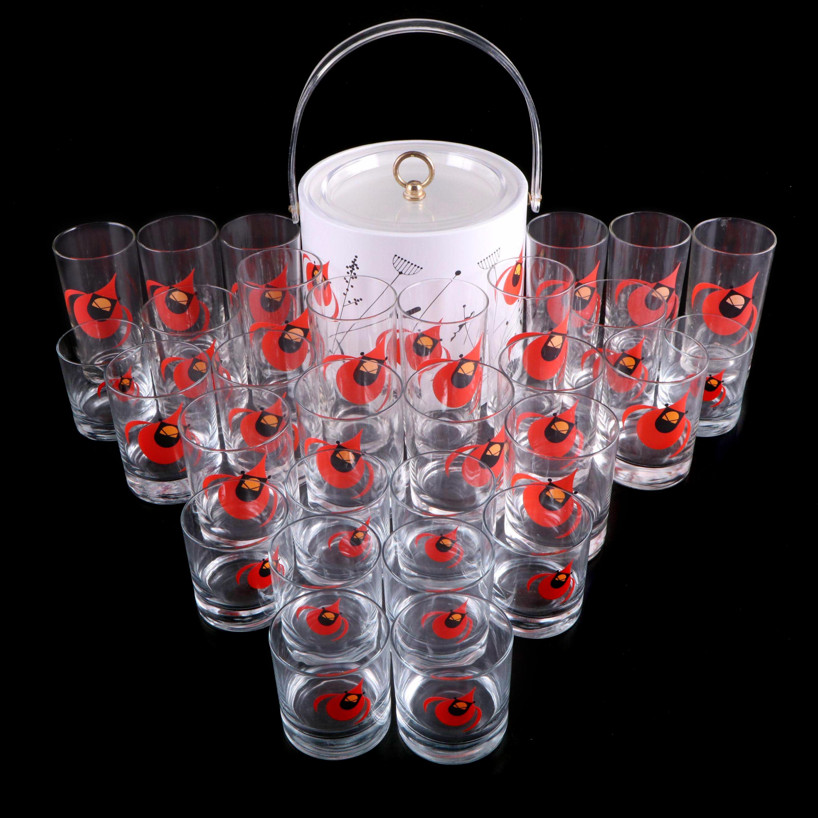 Charley Harper Cardinal Print Ice Bucket and Glass Tumblers, Late 20th Century