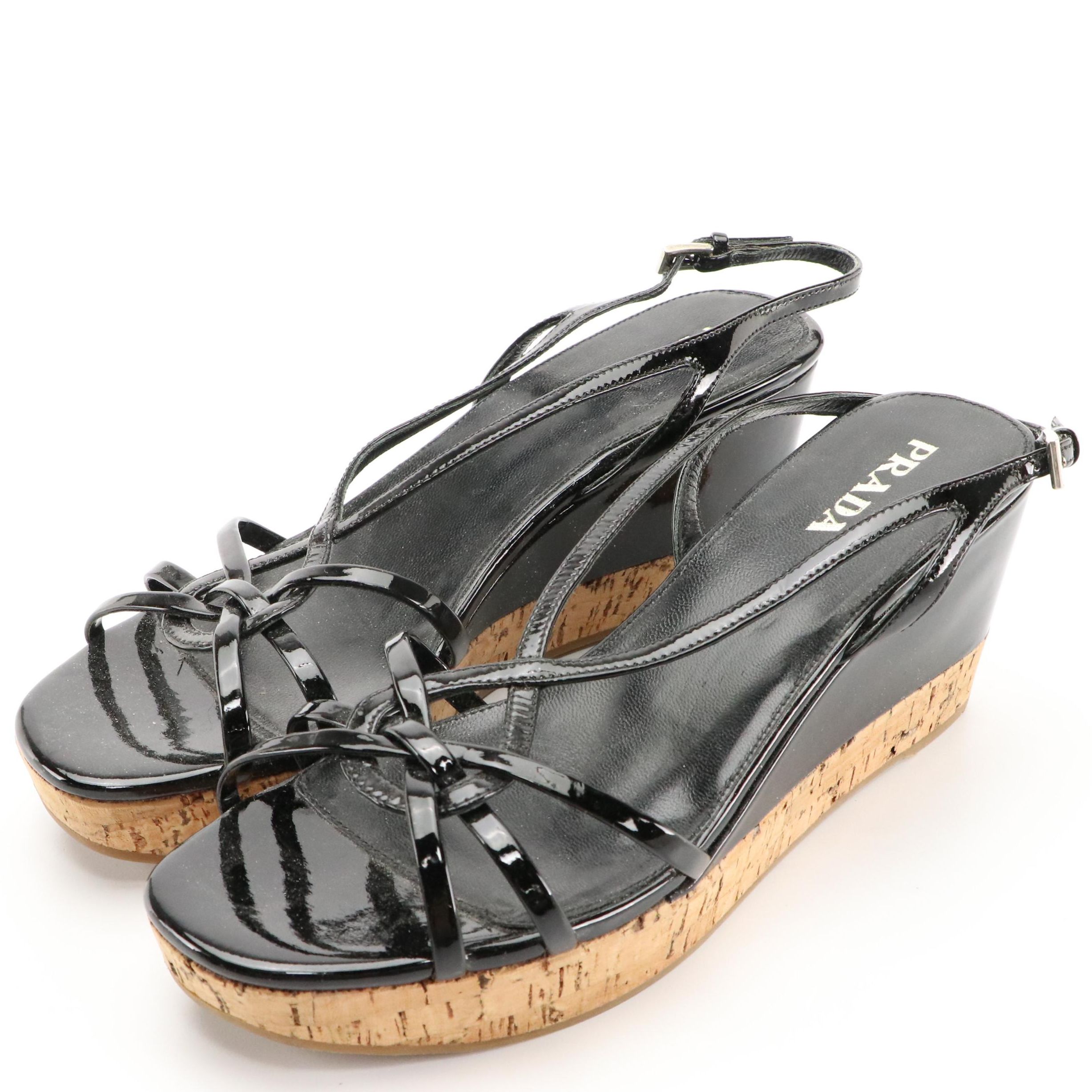Prada Black Patent Leather and Cork Platform Slingback Wedge Sandals