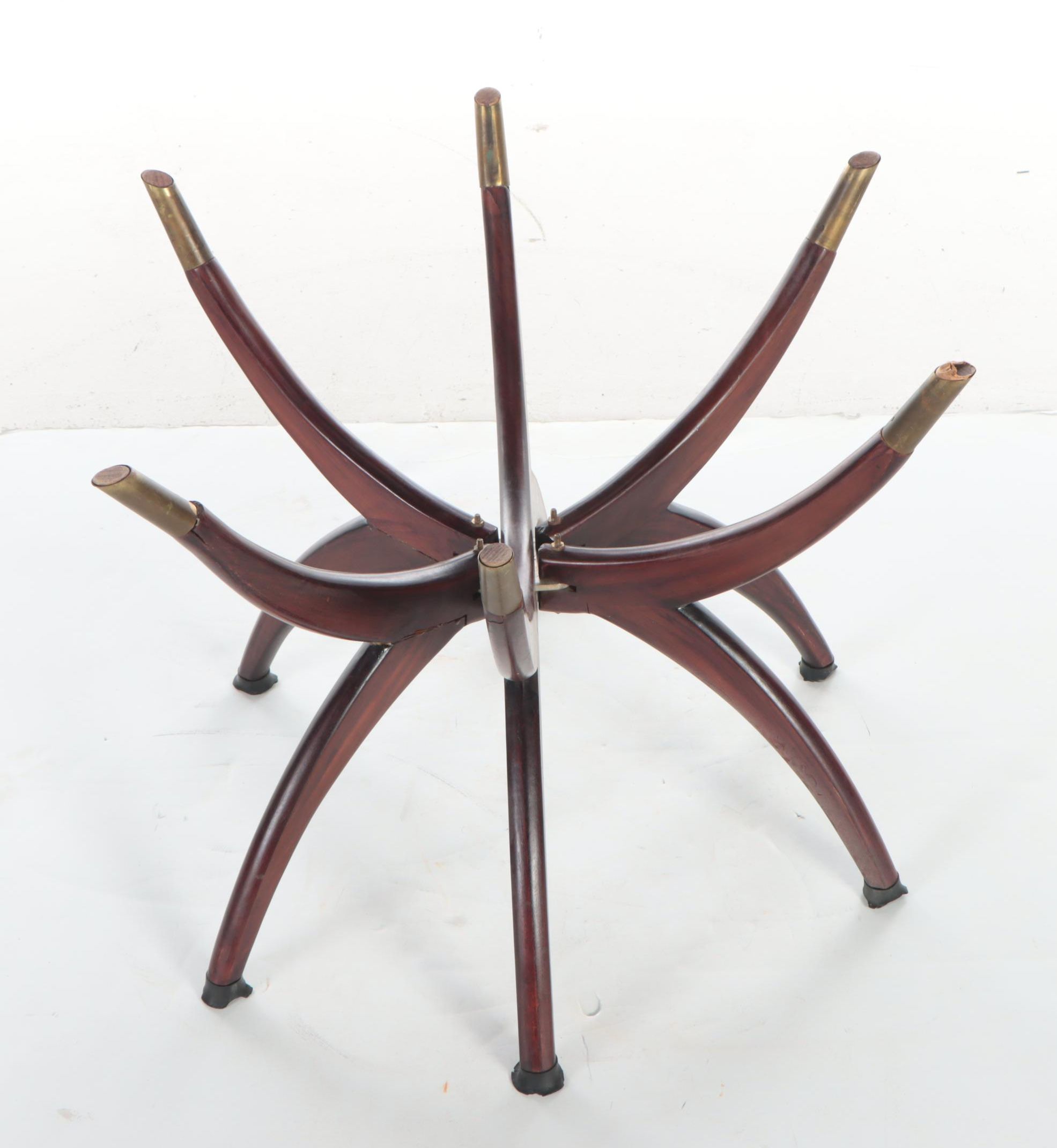 Chinese Engraved Brass Tray with Folding Mid Century Modern Wooden Base