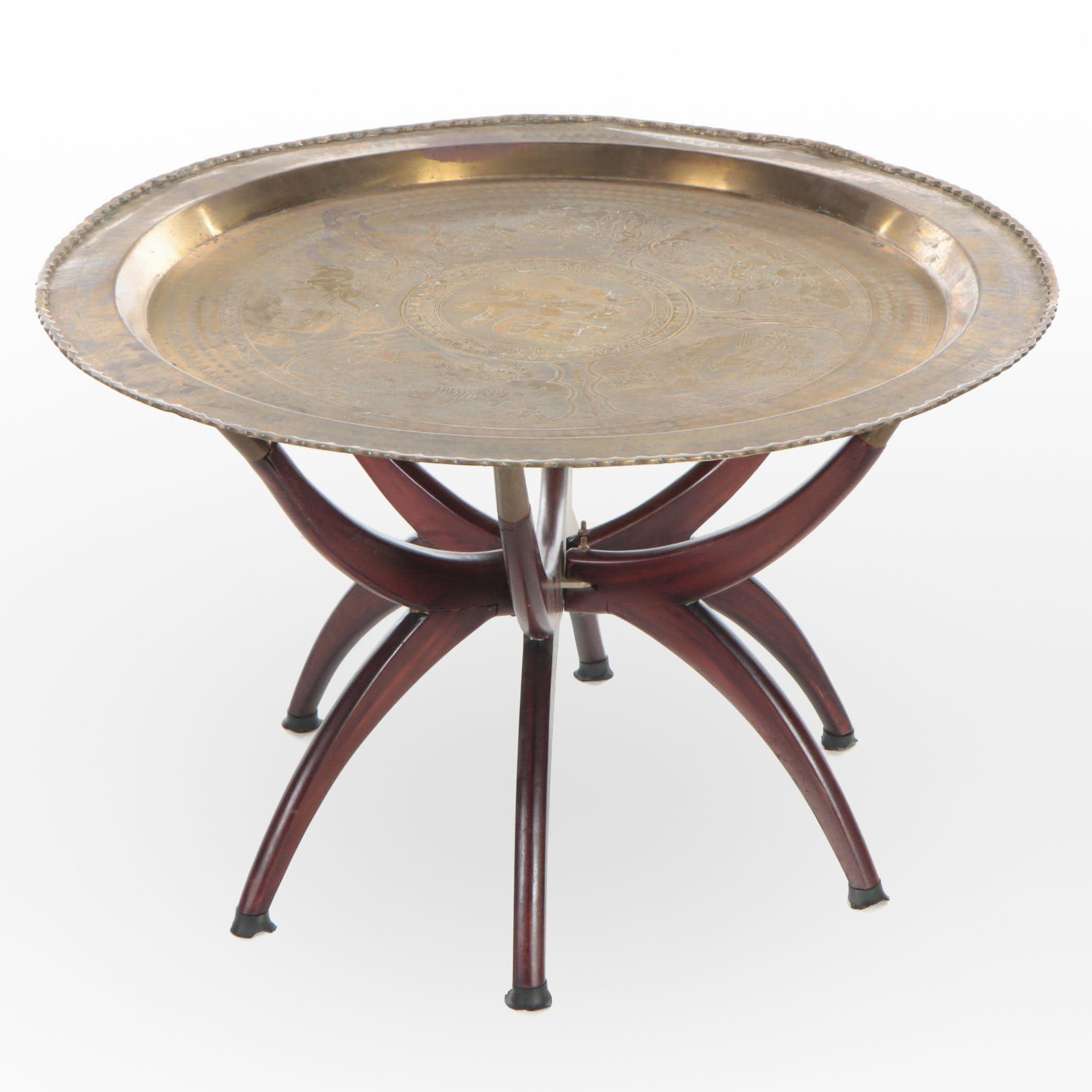 Chinese Engraved Brass Tray with Folding Mid Century Modern Wooden Base