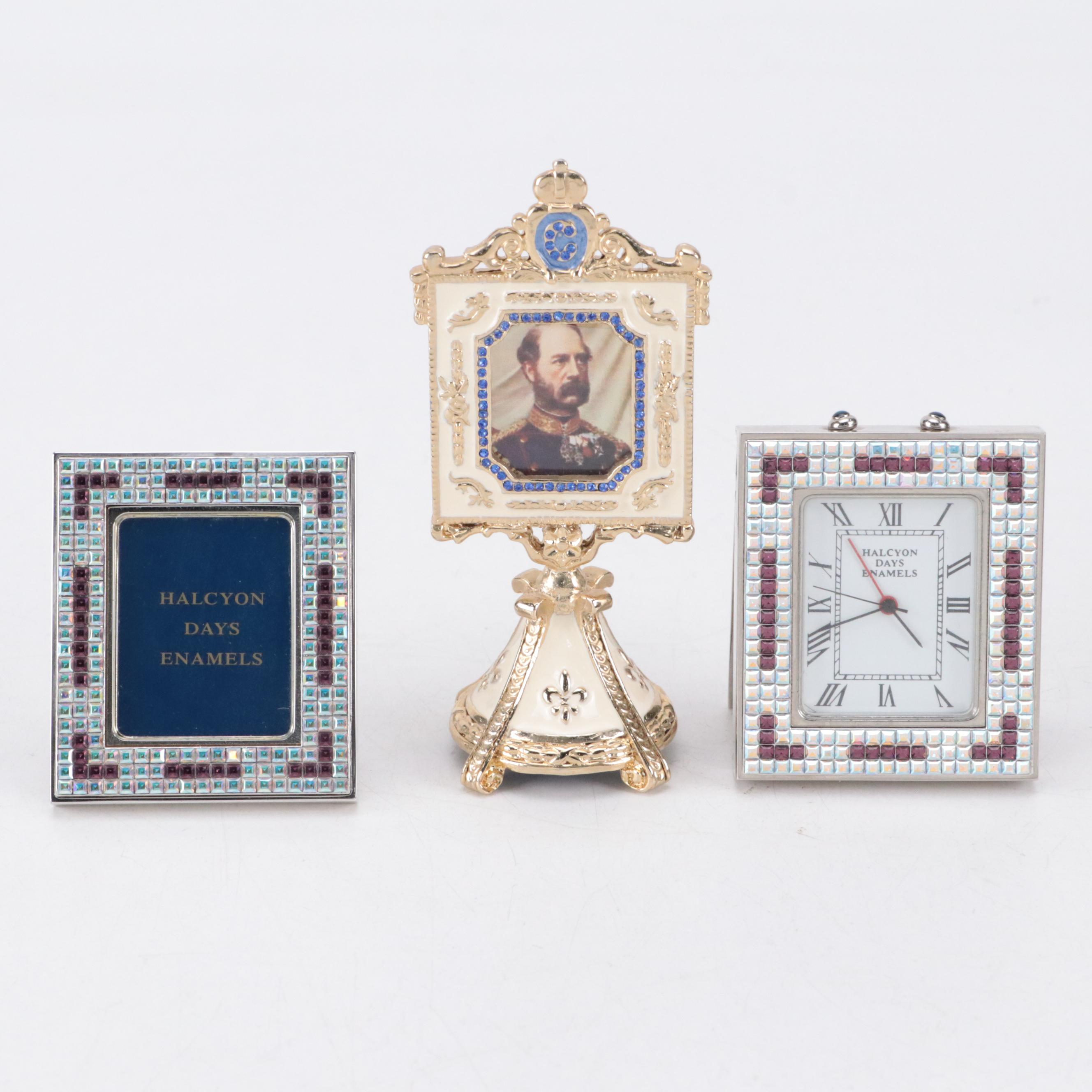 Halcyon Days Rhinestone and Metal Frame and Clock Set with Enameled Frame