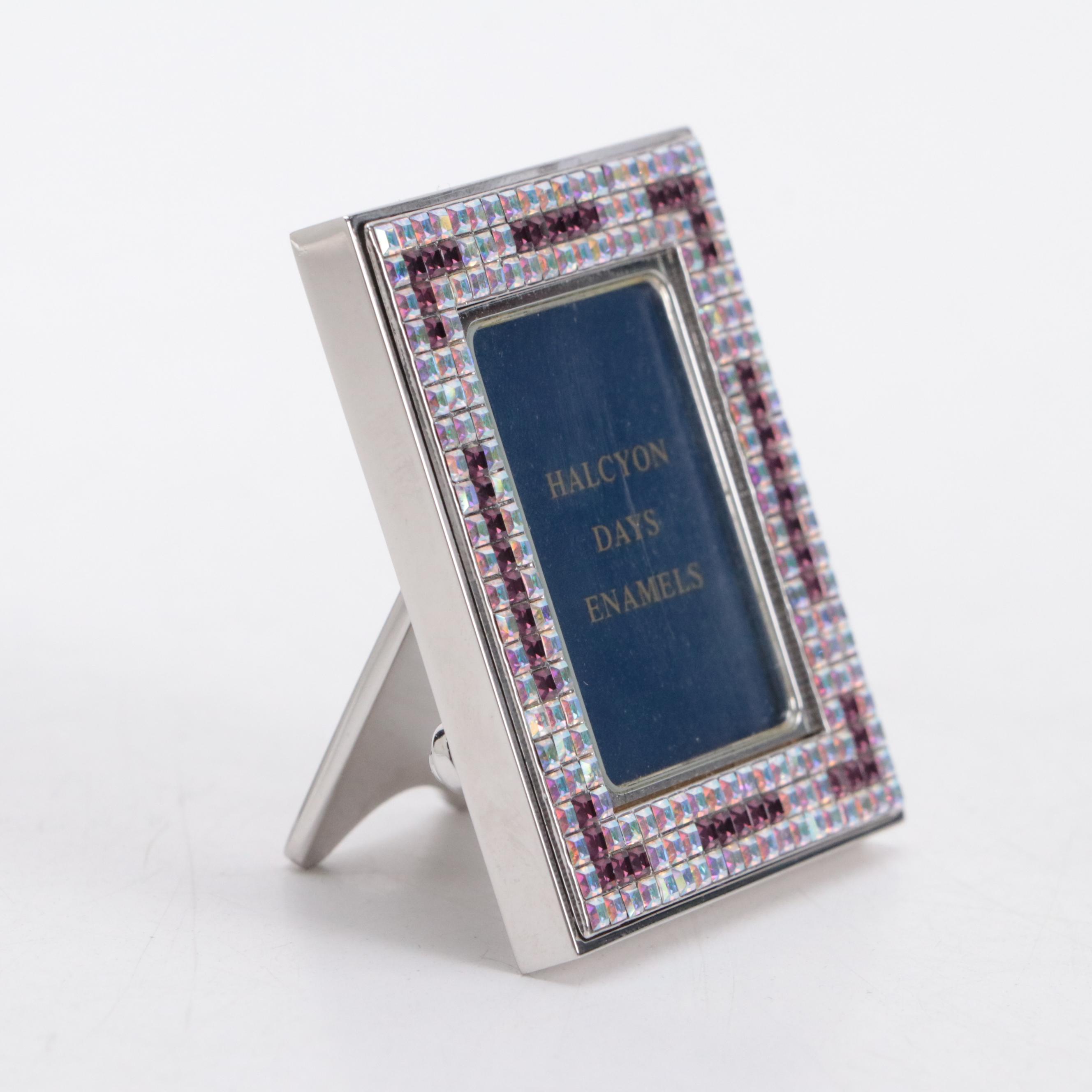 Halcyon Days Rhinestone and Metal Frame and Clock Set with Enameled Frame