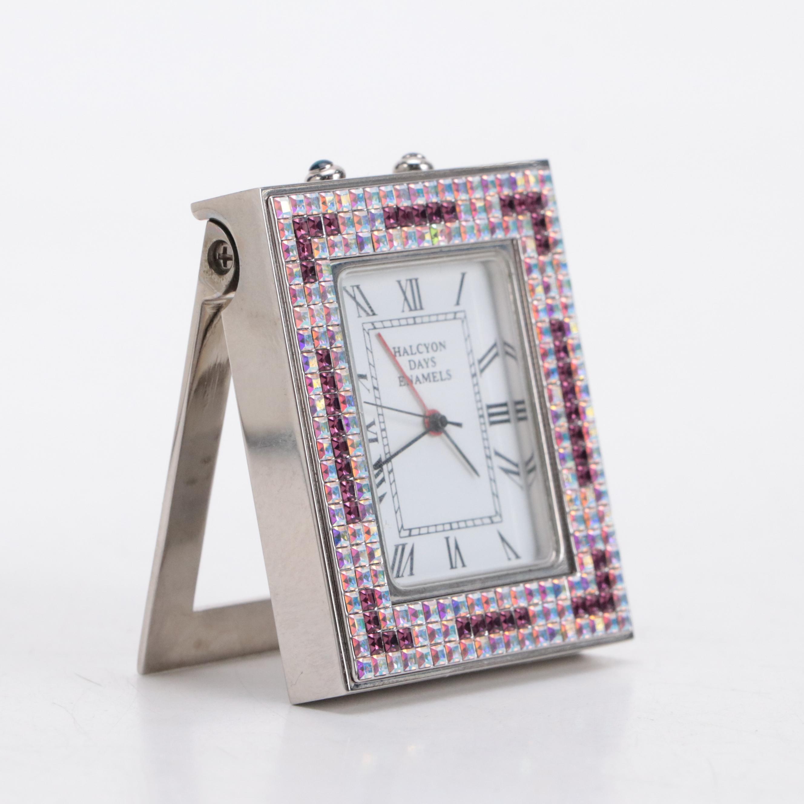 Halcyon Days Rhinestone and Metal Frame and Clock Set with Enameled Frame