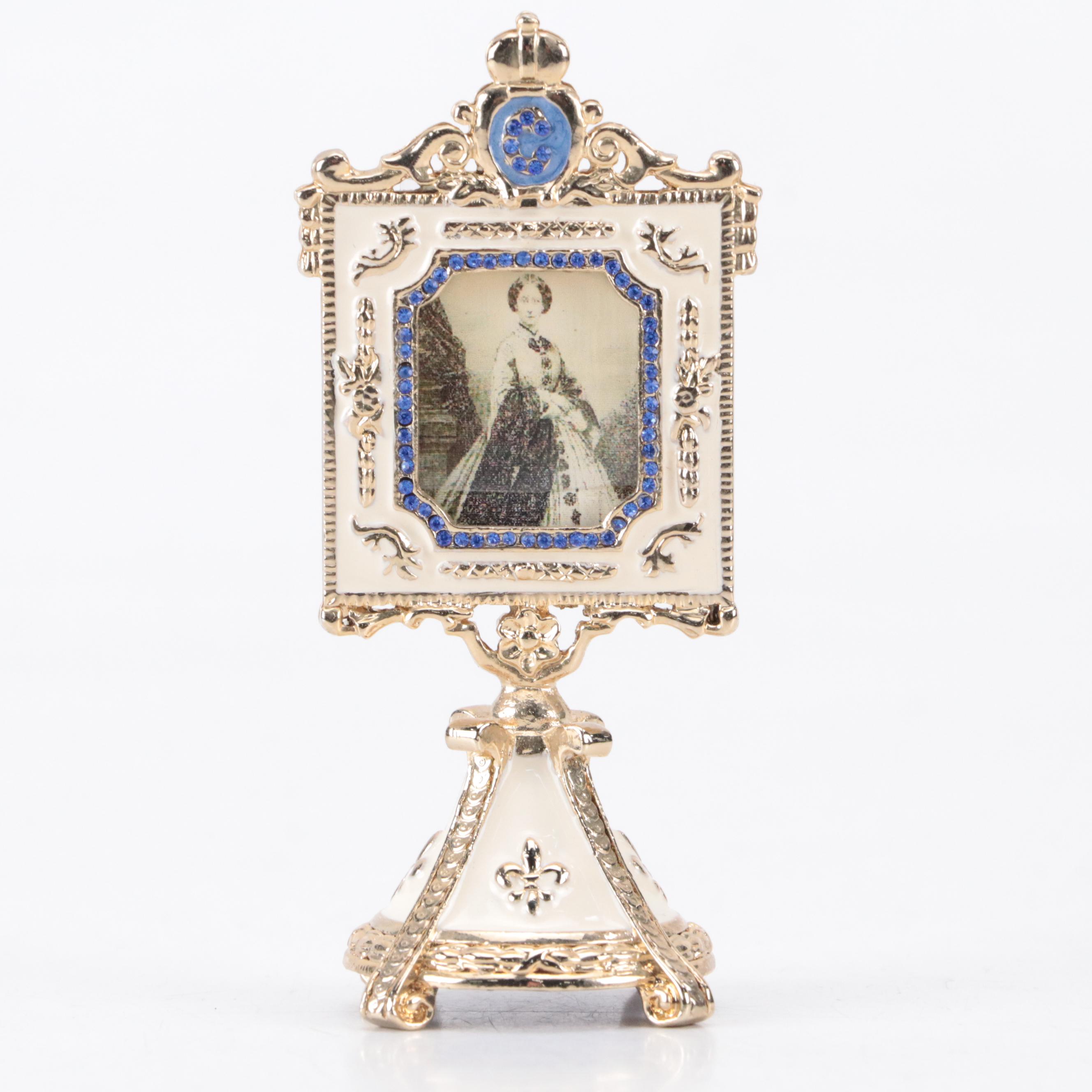 Halcyon Days Rhinestone and Metal Frame and Clock Set with Enameled Frame