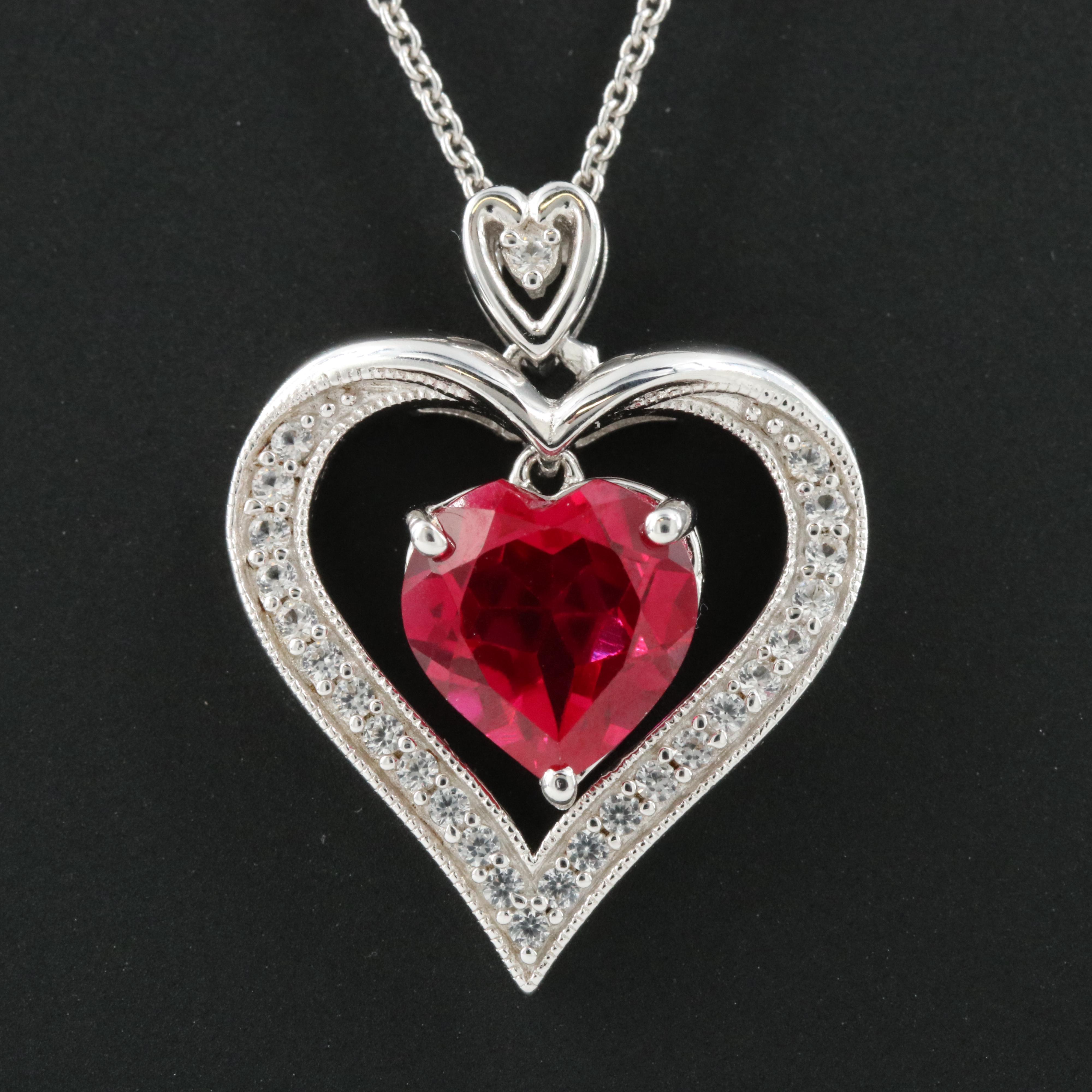 Sterling Ruby and White Sapphire Heart Pendant Necklace