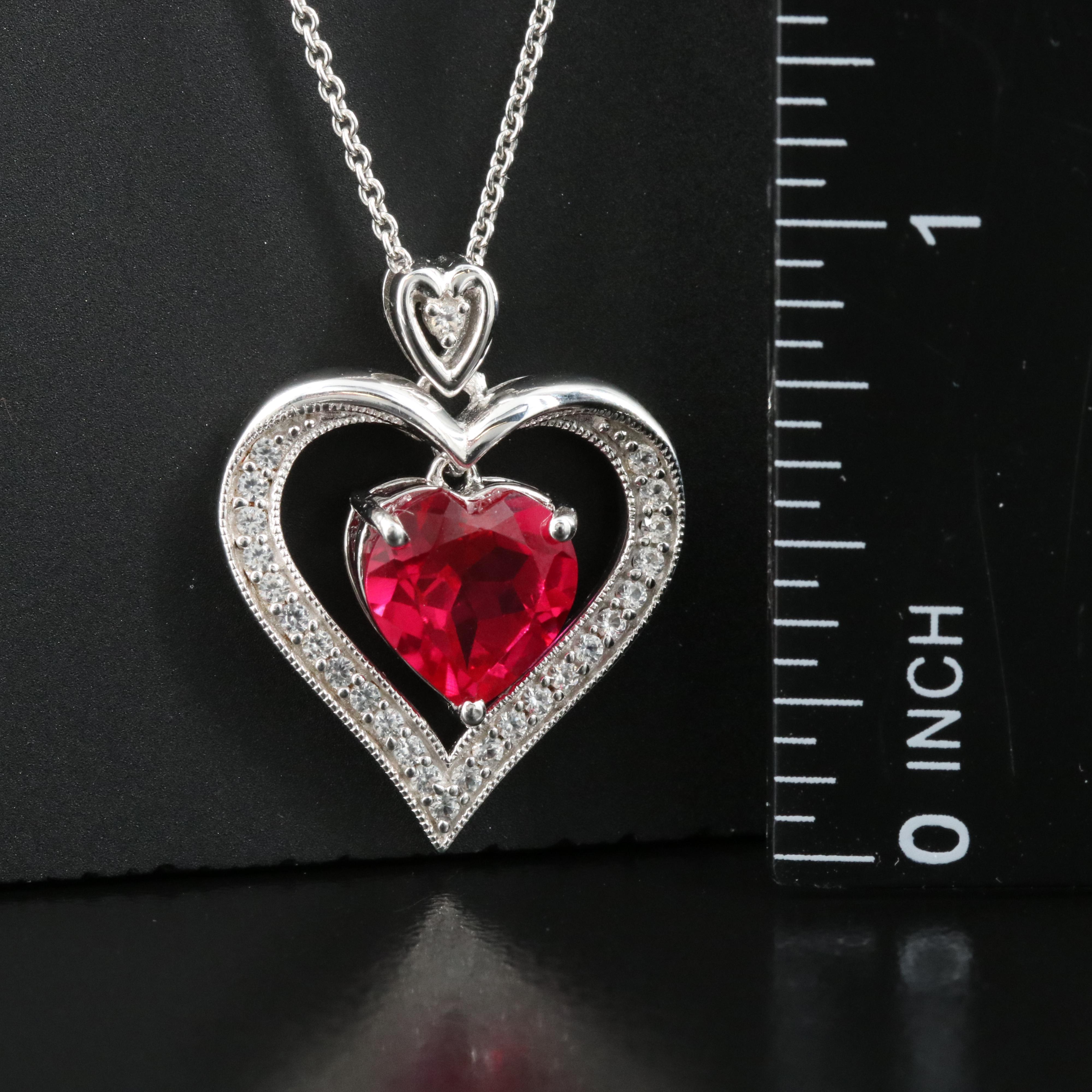 Sterling Ruby and White Sapphire Heart Pendant Necklace