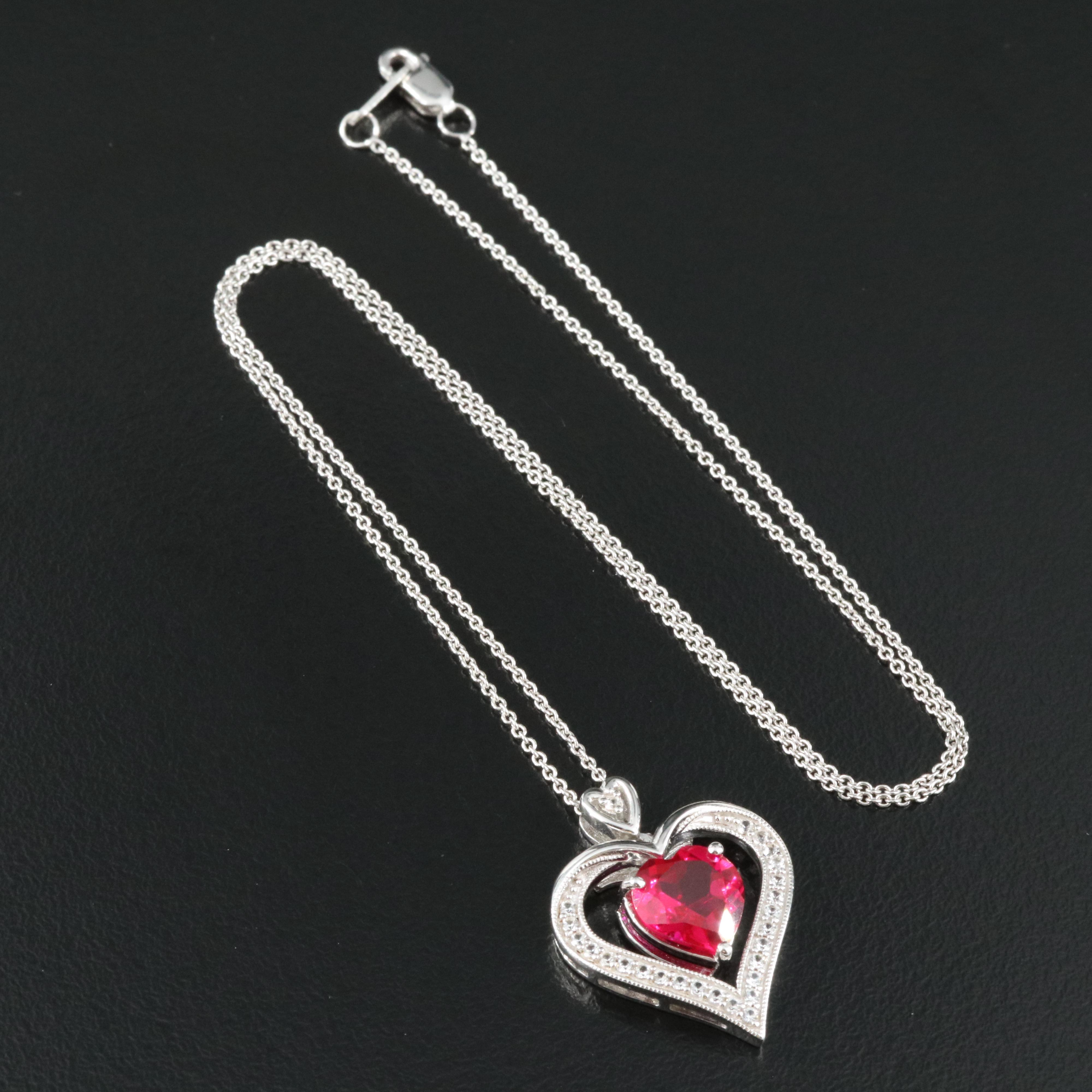 Sterling Ruby and White Sapphire Heart Pendant Necklace