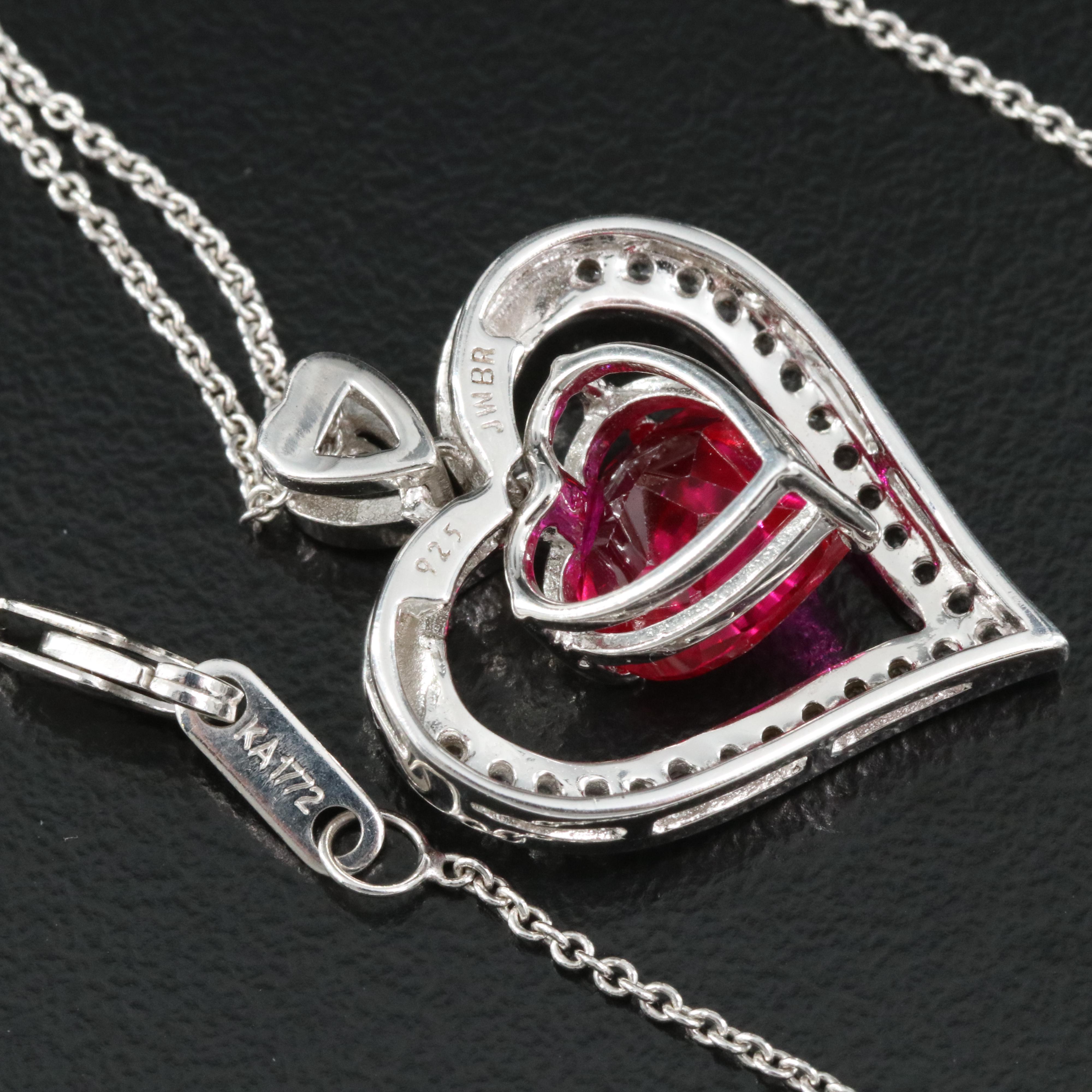 Sterling Ruby and White Sapphire Heart Pendant Necklace