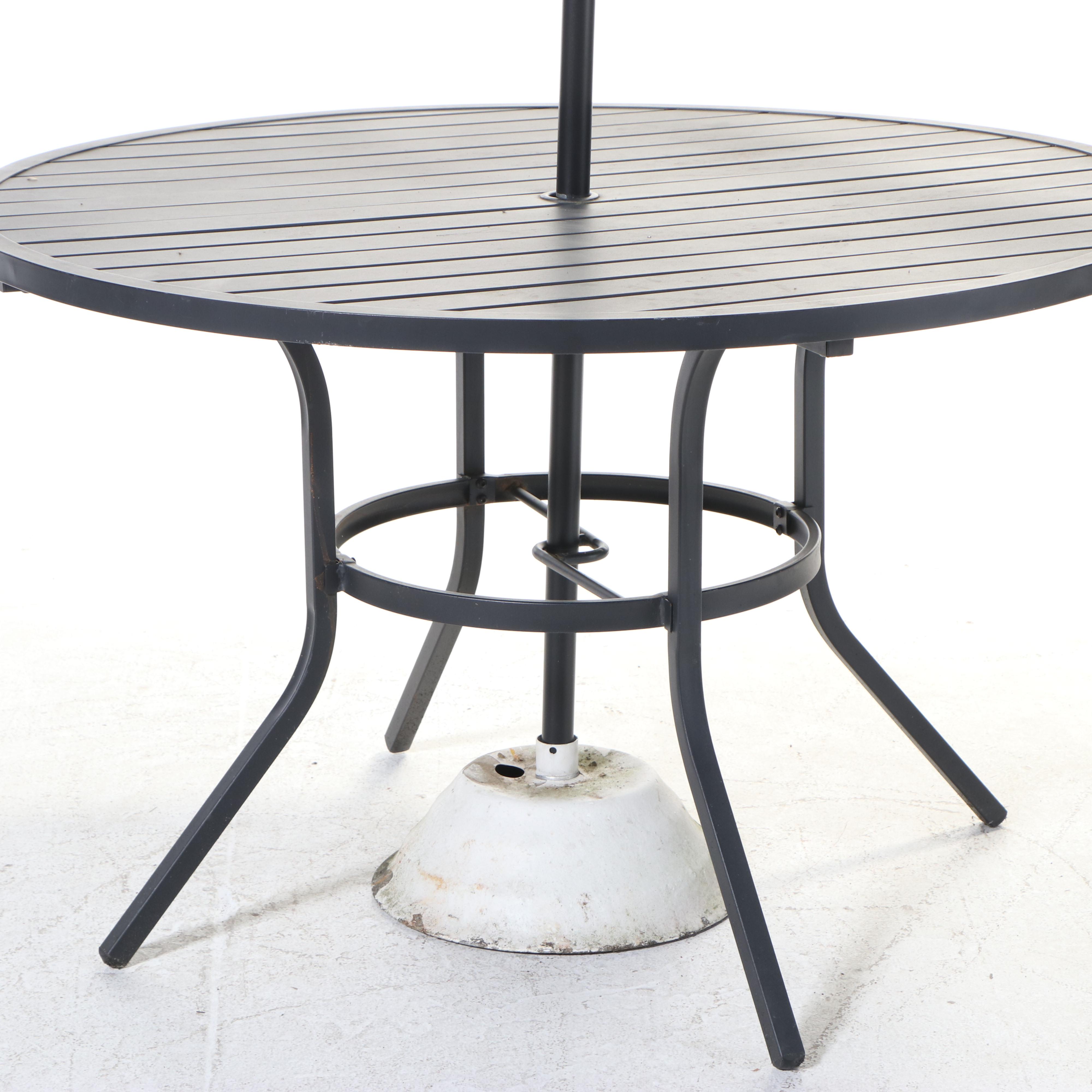 Contemporary Slatted Metal Patio Dining Table and Umbrella