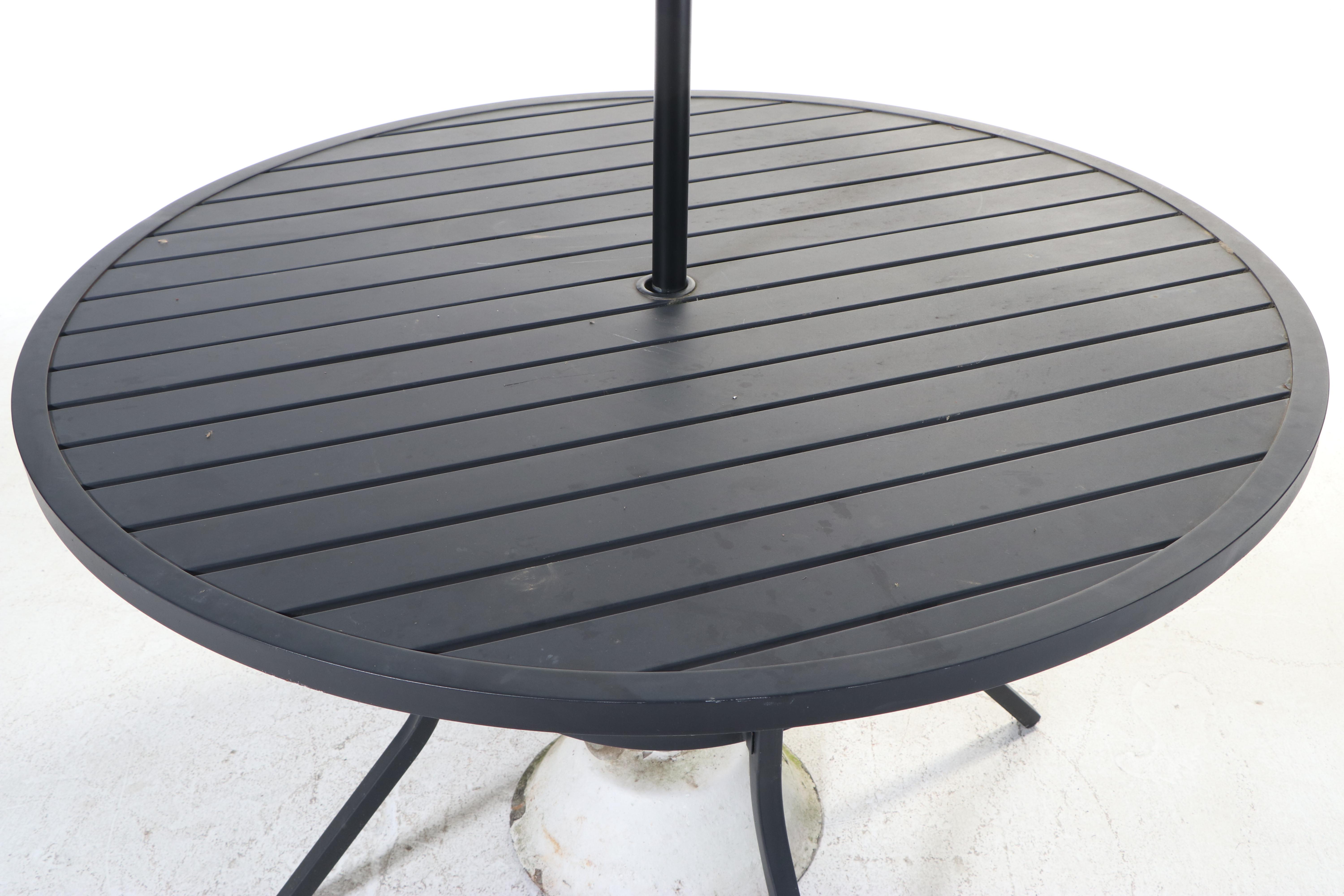 Contemporary Slatted Metal Patio Dining Table and Umbrella