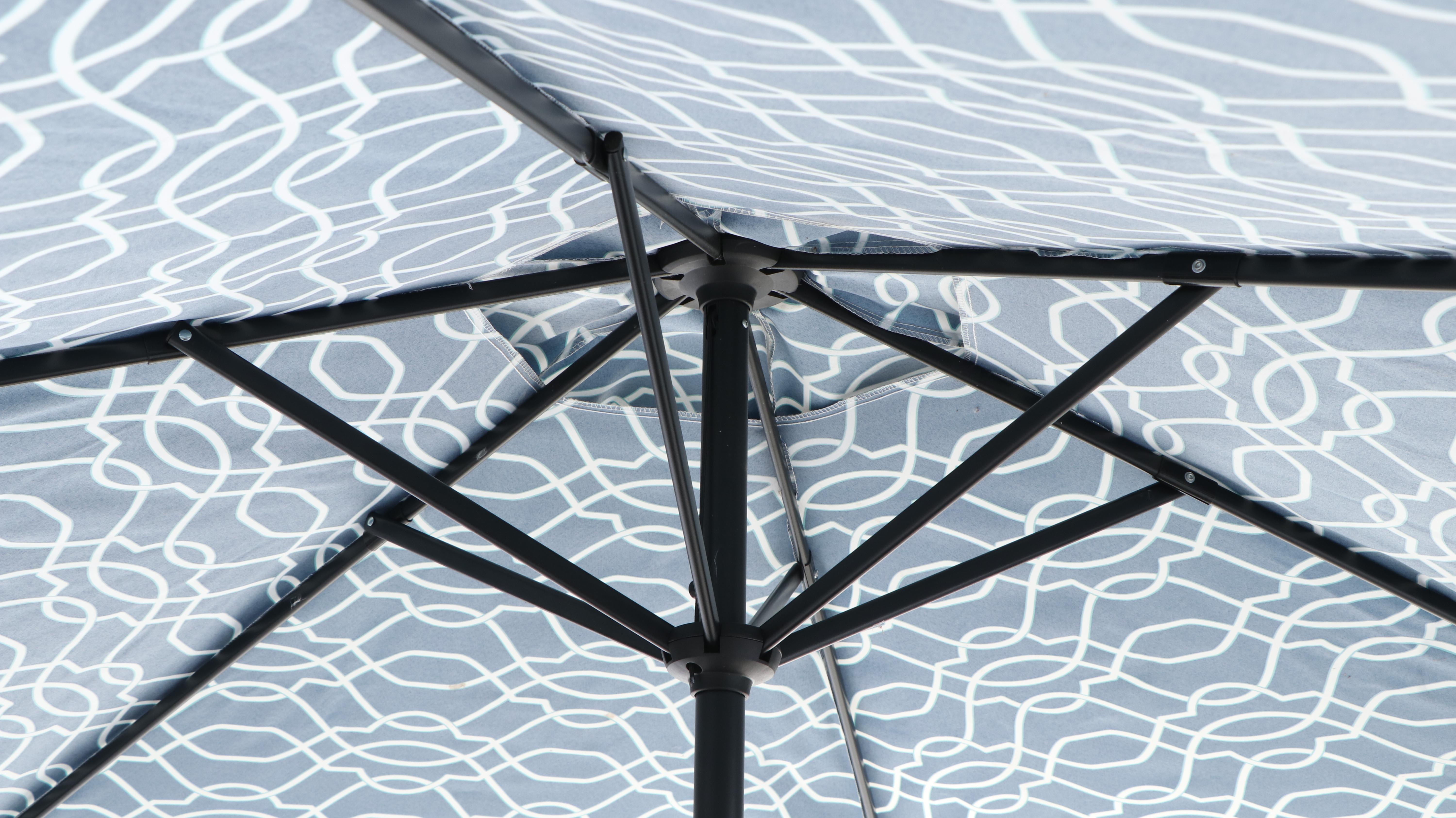 Contemporary Slatted Metal Patio Dining Table and Umbrella