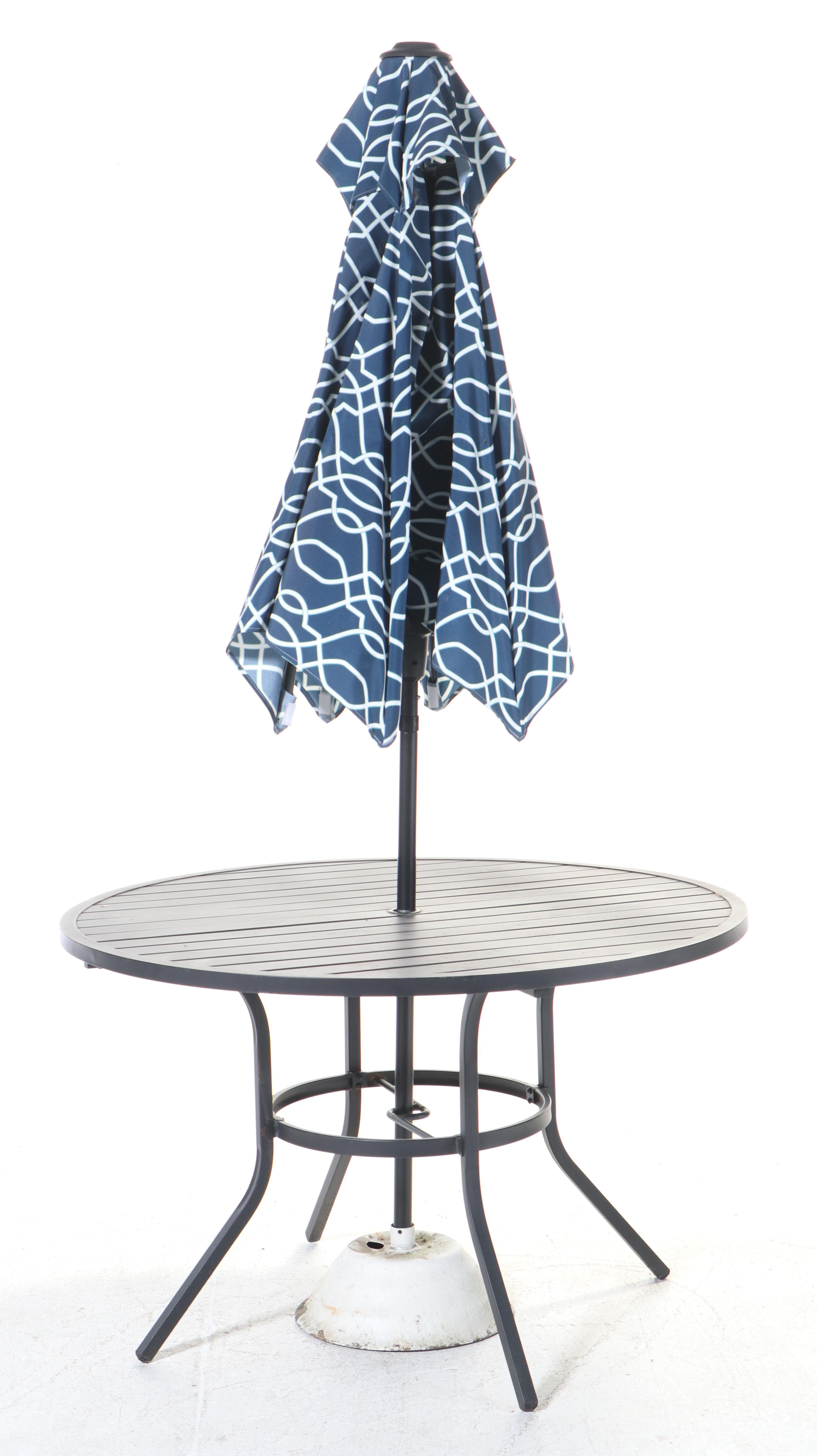 Contemporary Slatted Metal Patio Dining Table and Umbrella