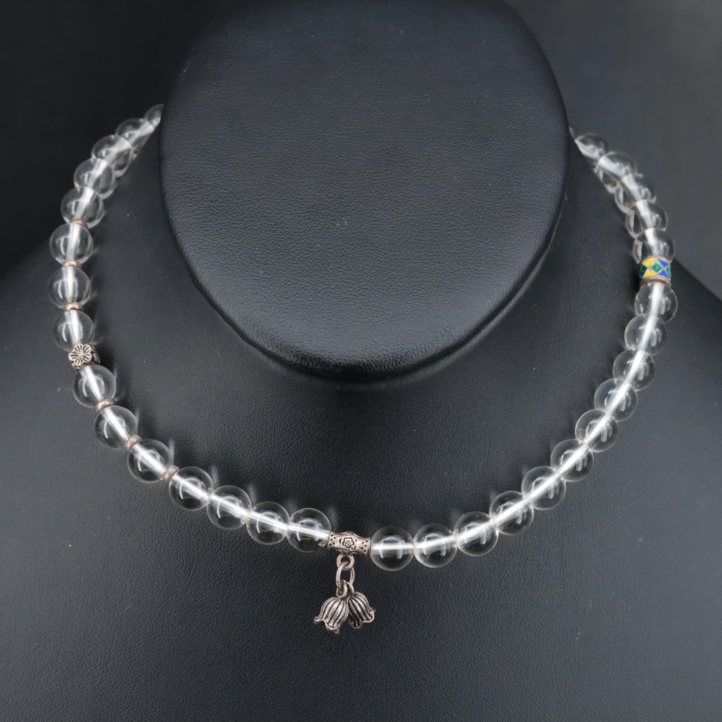Rock Crystal Quartz Necklace with Sterling and Resin Enamel Accent Beads