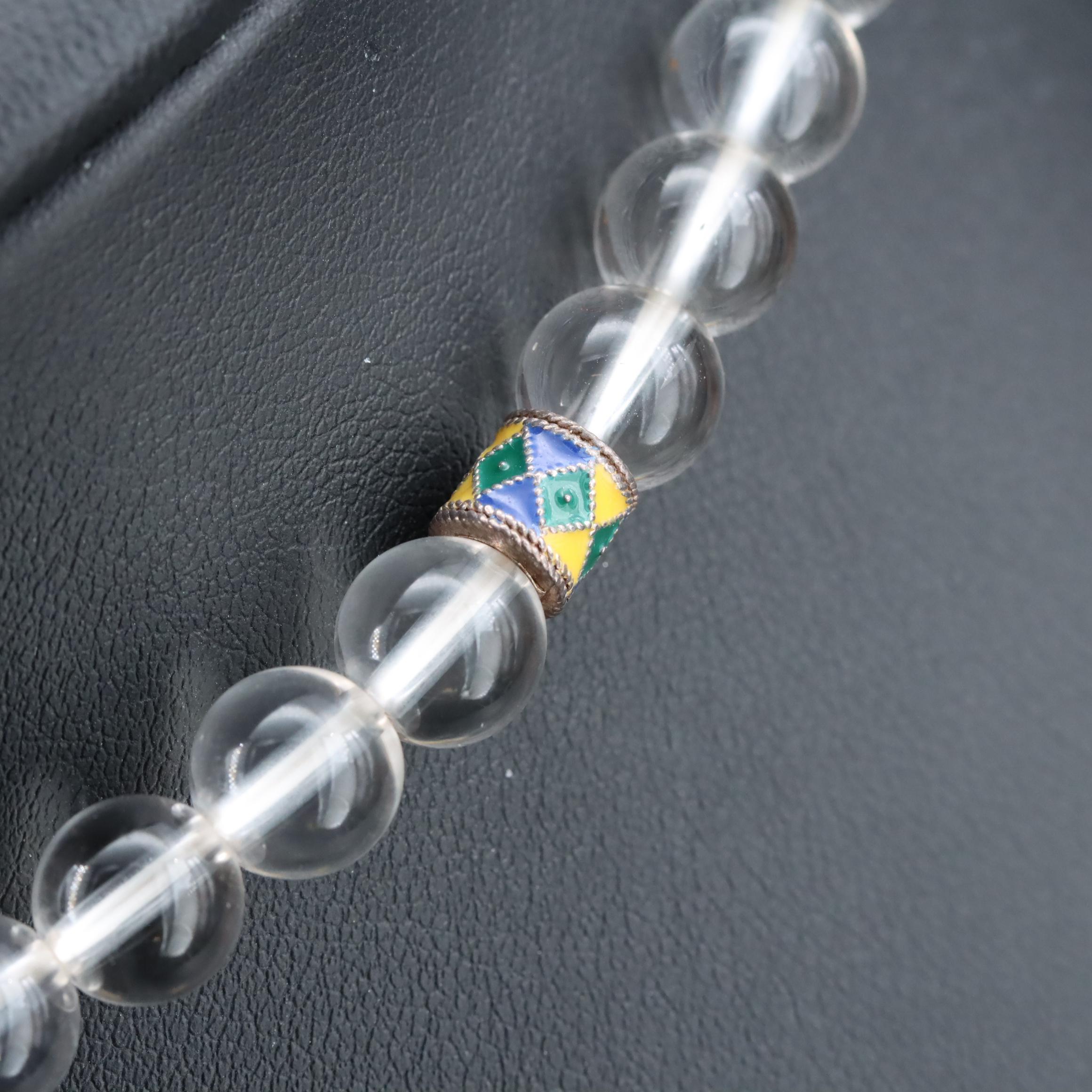 Rock Crystal Quartz Necklace with Sterling and Resin Enamel Accent Beads