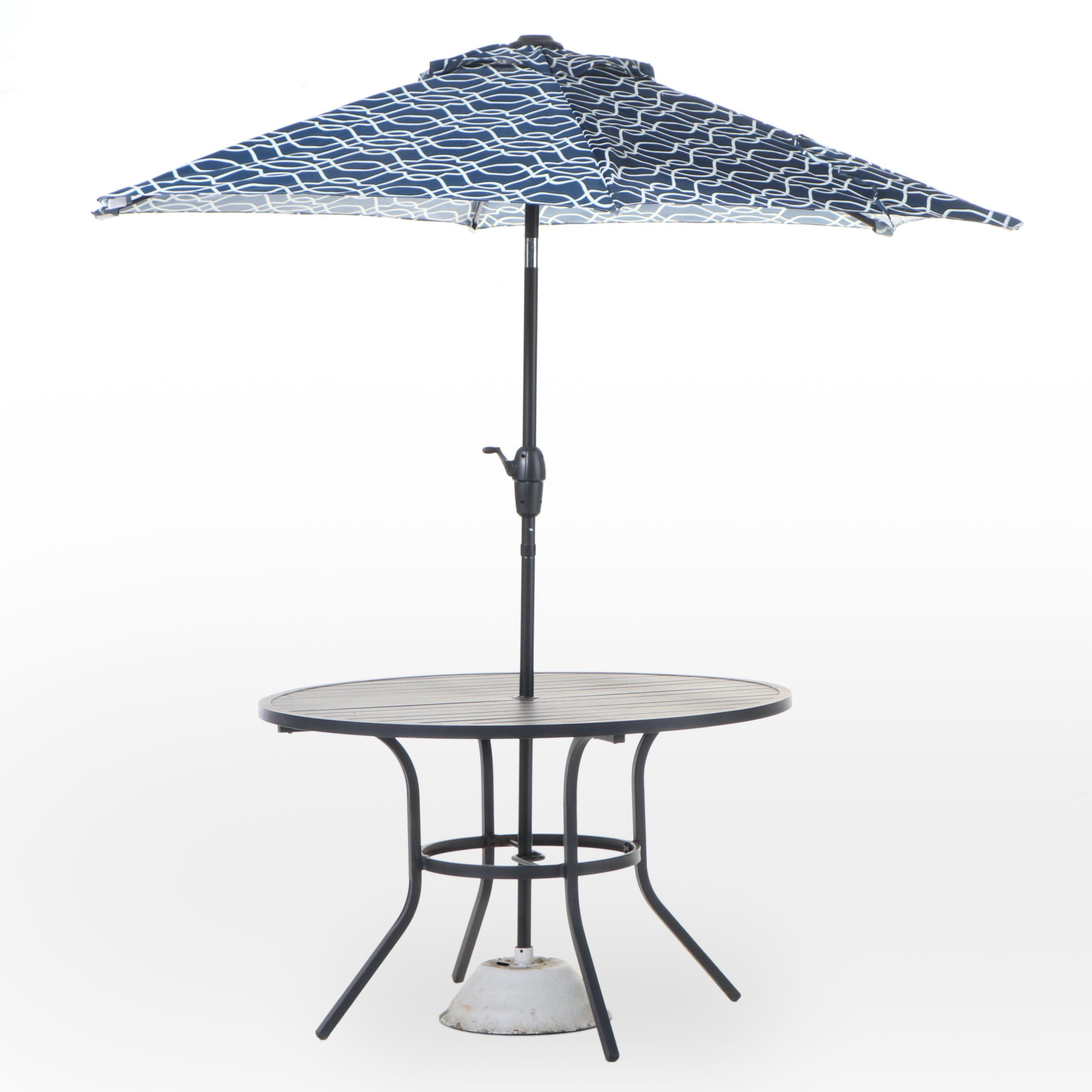 Contemporary Slatted Metal Patio Dining Table and Umbrella