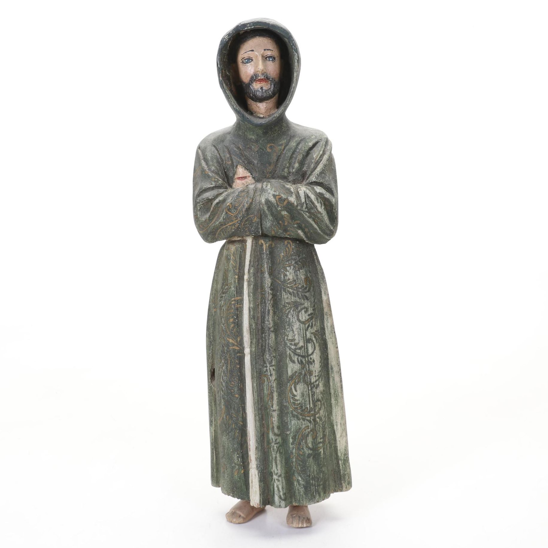 Wooden Carving of Monk With Detailed, Hand Painted Features