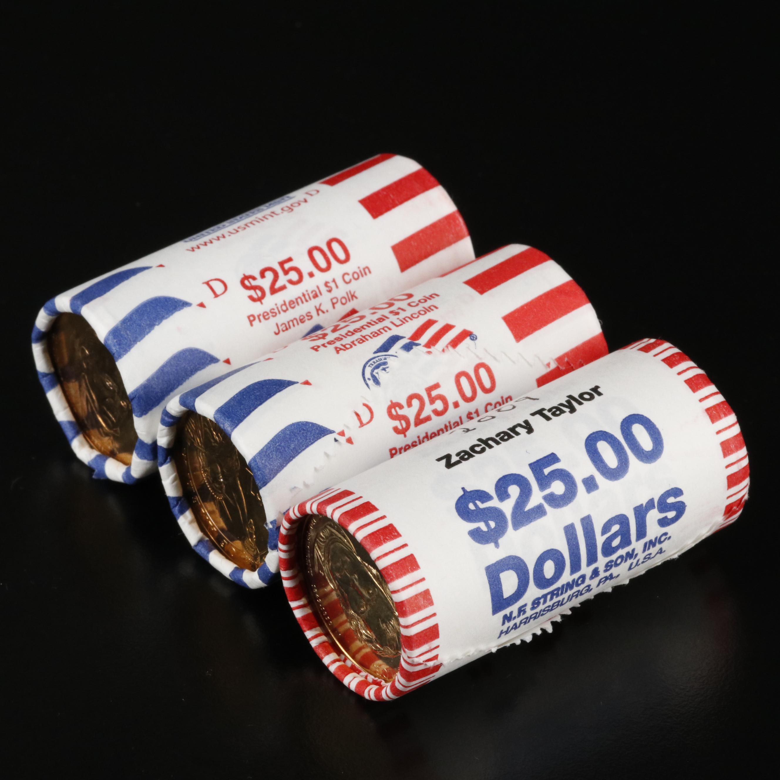 Three Uncirculated Presidential Dollar $25 Rolls