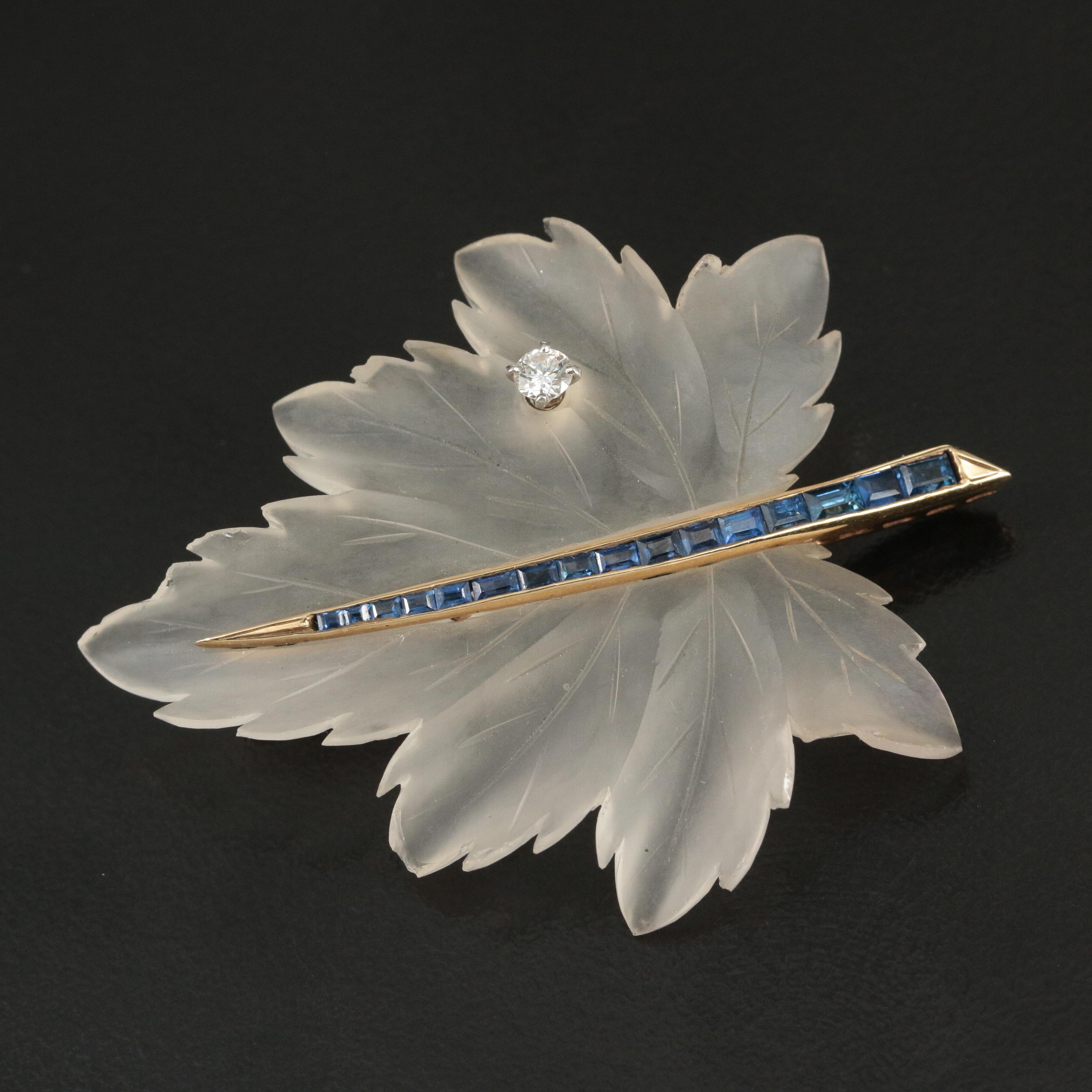Tiffany & Co. 14K Rock Crystal, Sapphire, and Diamond Leaf Brooch