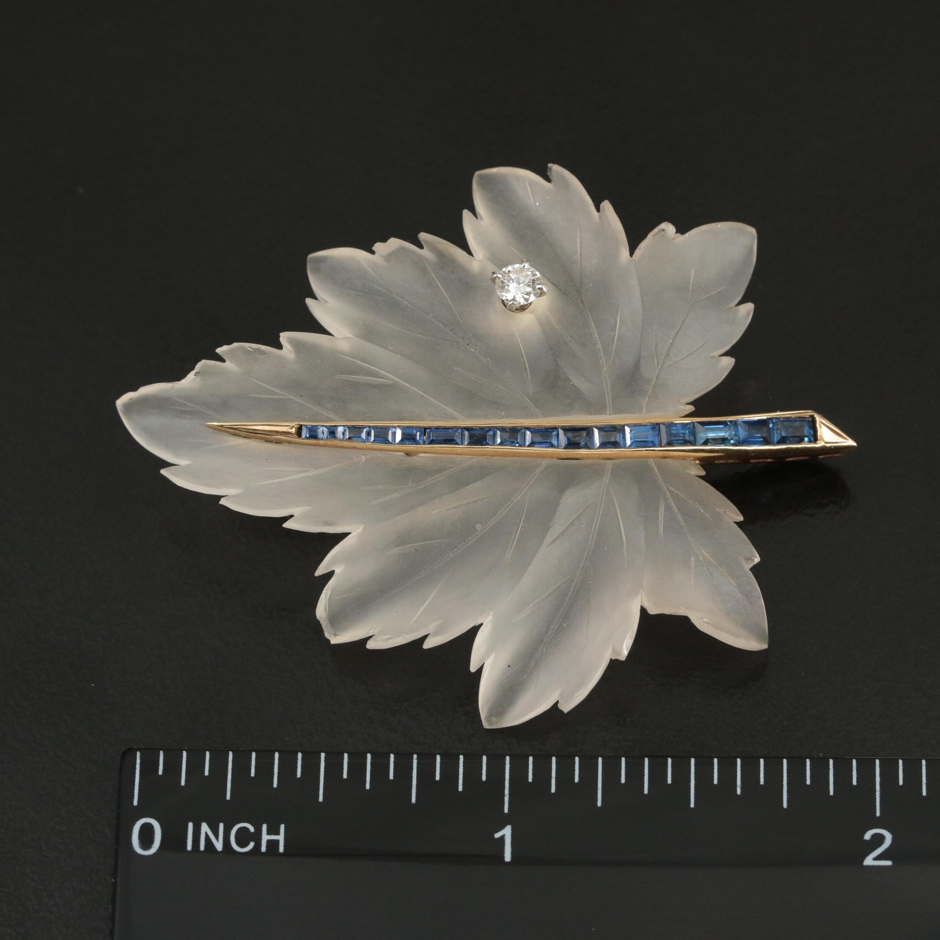 Tiffany & Co. 14K Rock Crystal, Sapphire, and Diamond Leaf Brooch