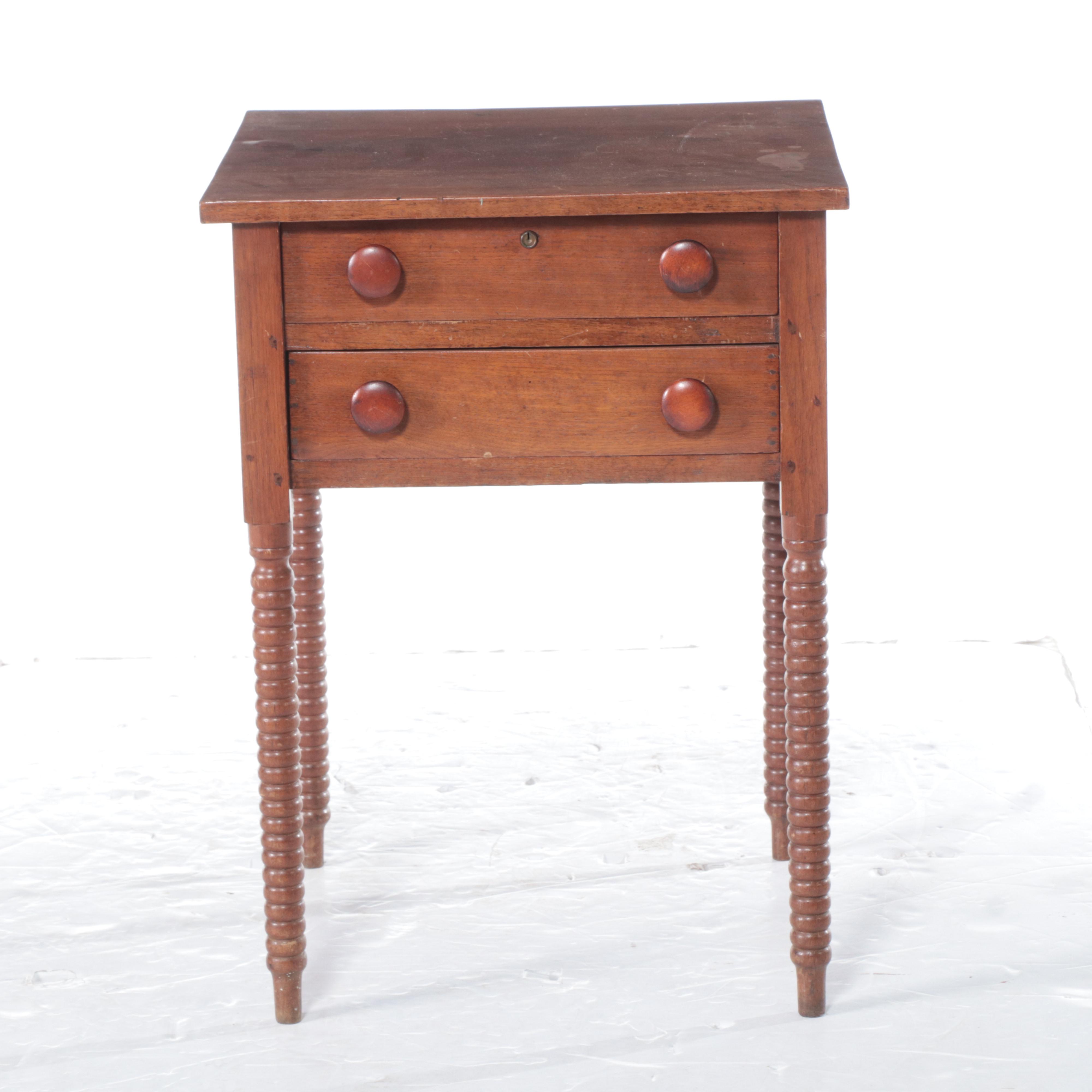 American Primitive Walnut Two-Drawer Side Table, 19th Century