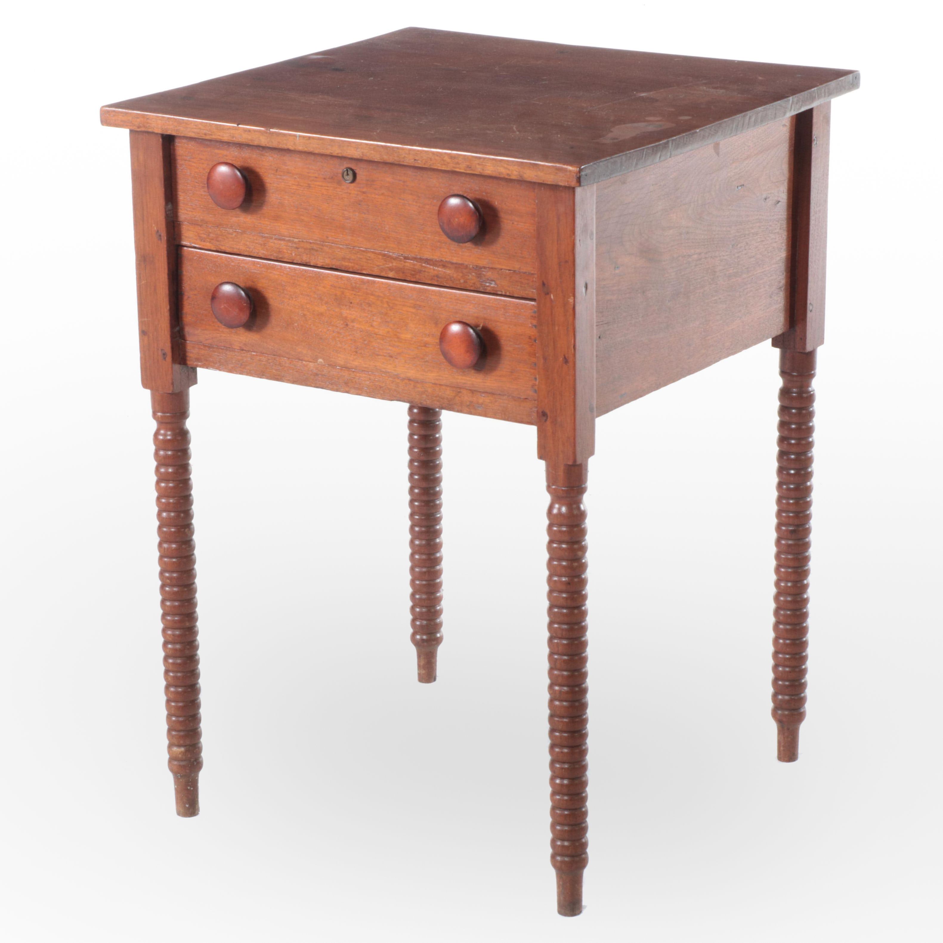 American Primitive Walnut Two-Drawer Side Table, 19th Century