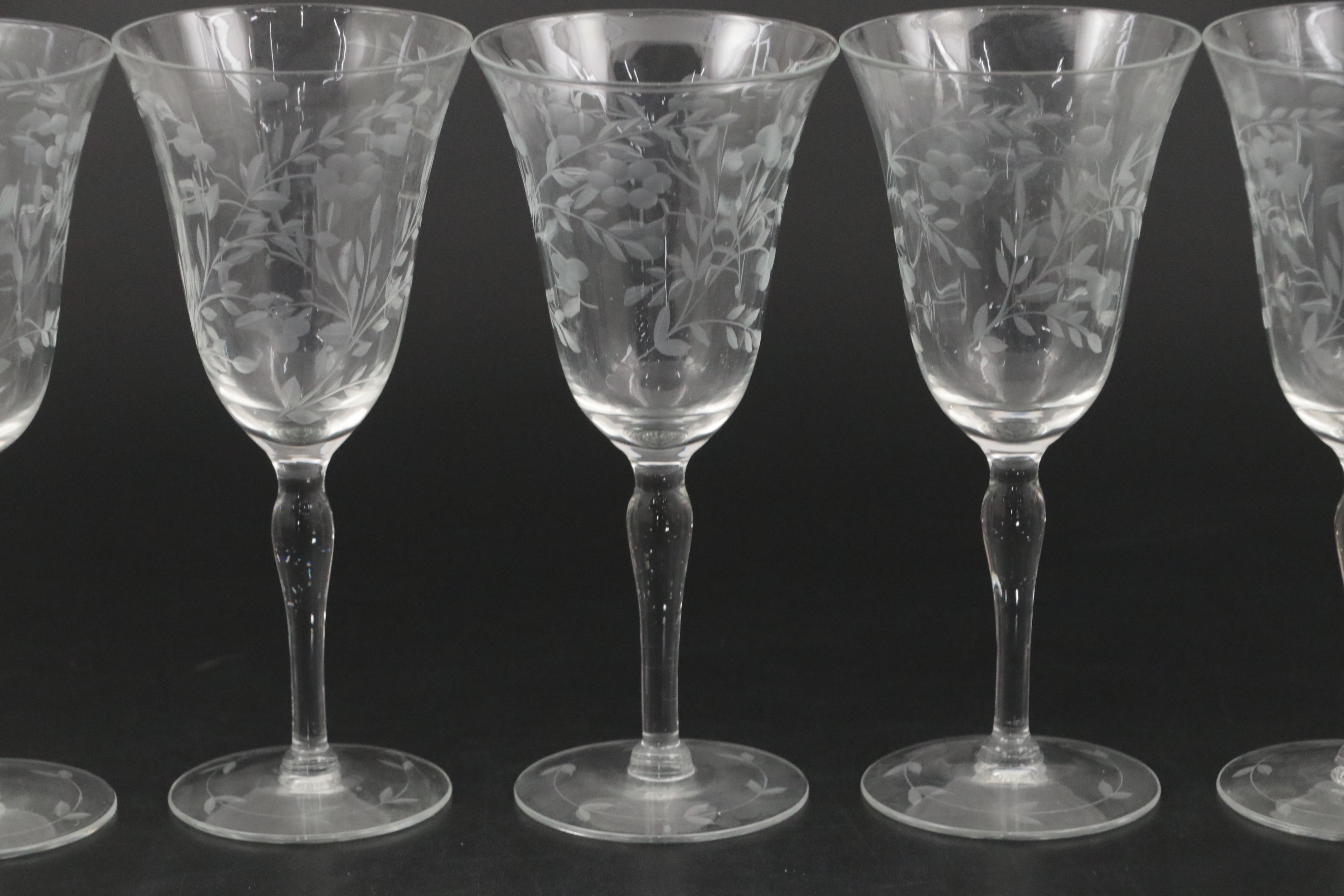 Etched Glass Pitcher and Wine Glasses, Mid-20th Century