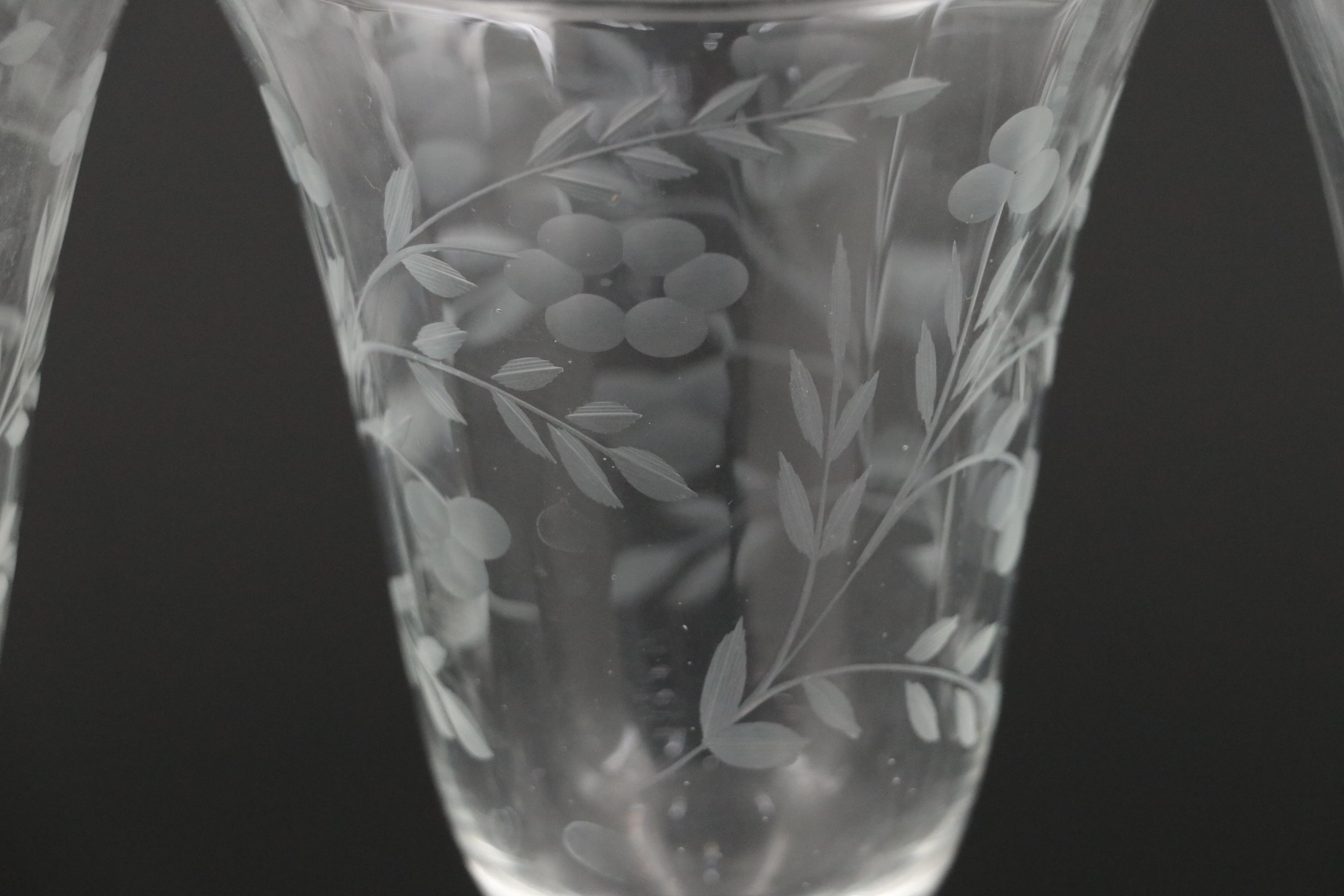 Etched Glass Pitcher and Wine Glasses, Mid-20th Century