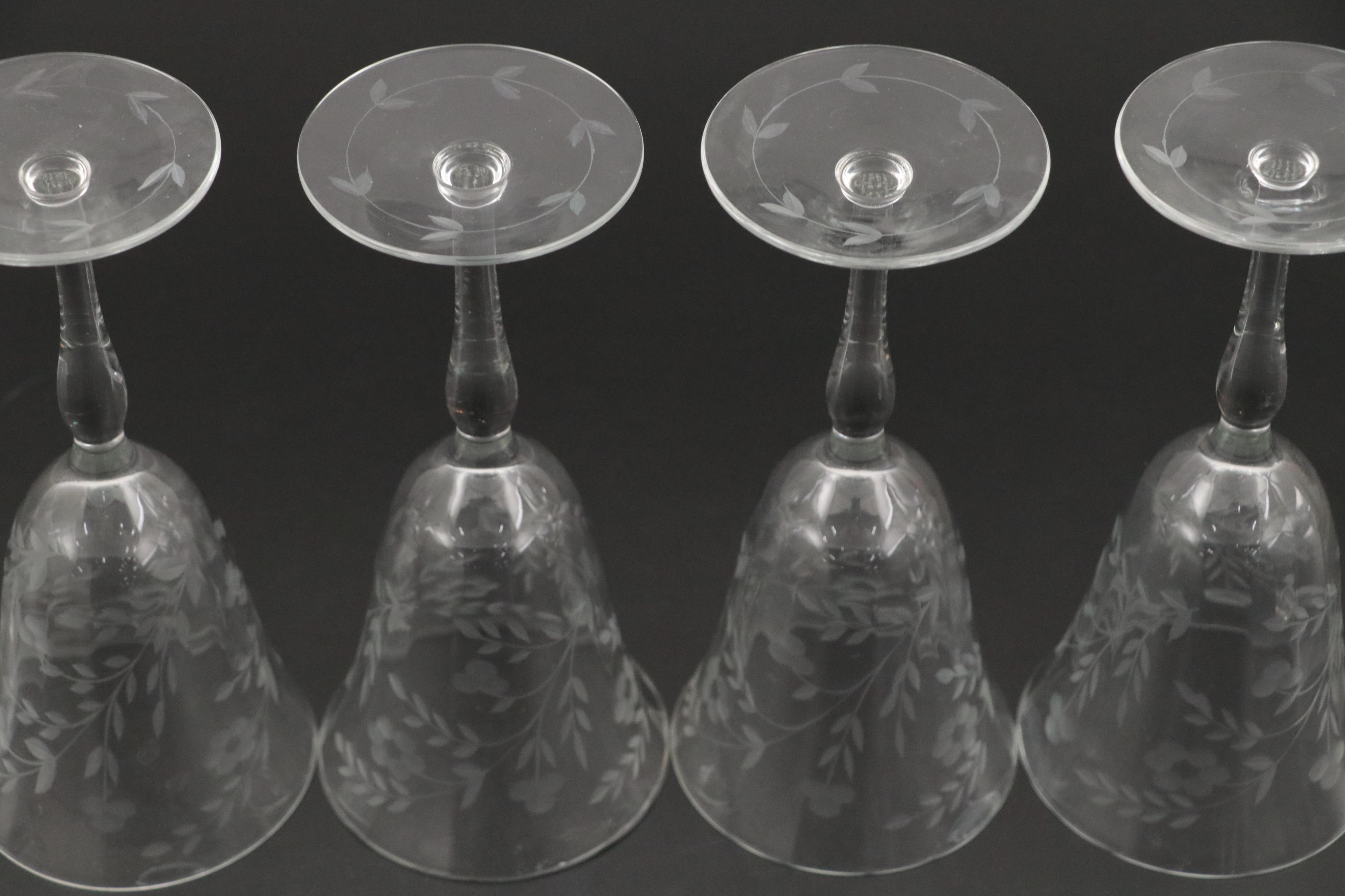 Etched Glass Pitcher and Wine Glasses, Mid-20th Century