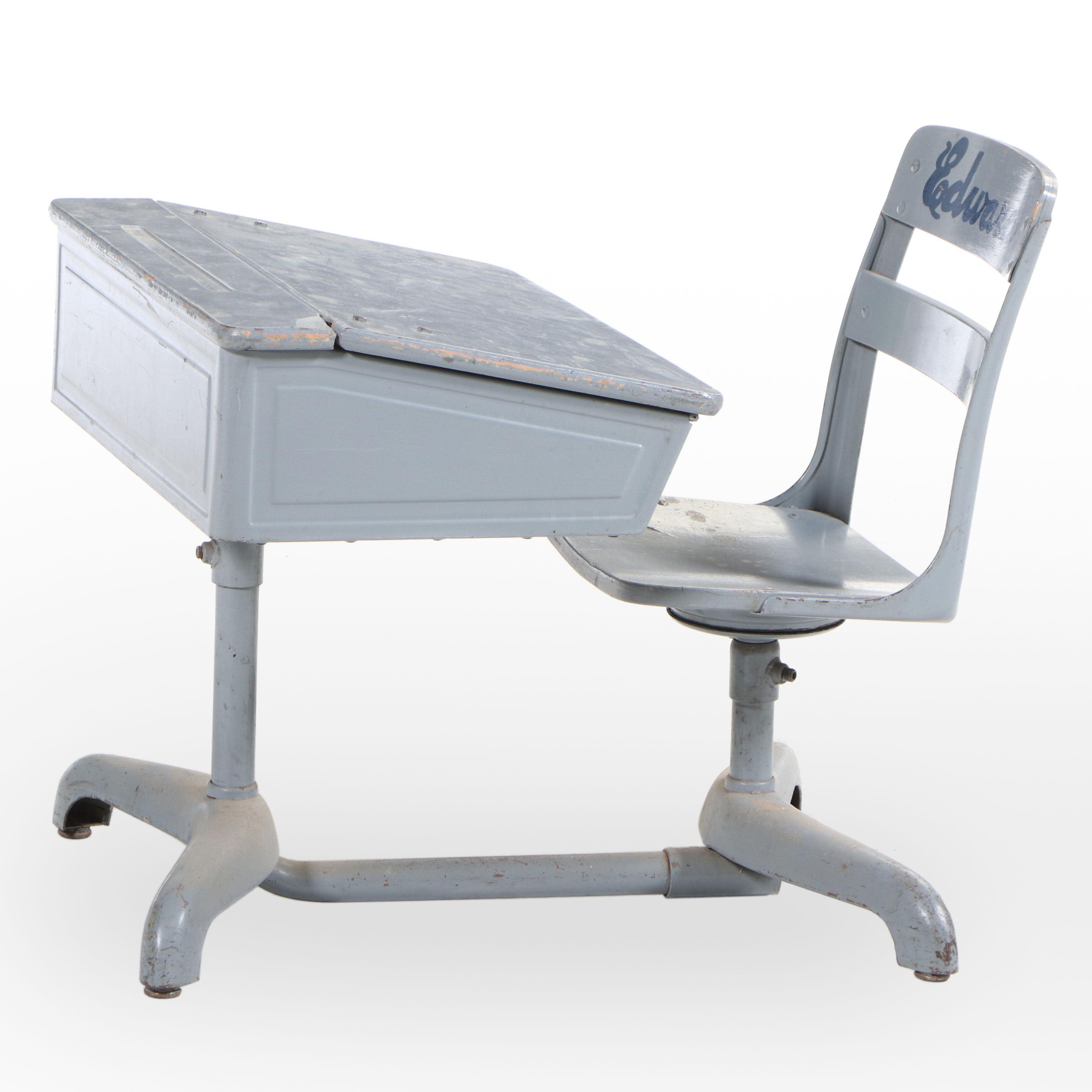 Painted Metal and Wood Flip-Top School Desk, Mid to Late 20th Century