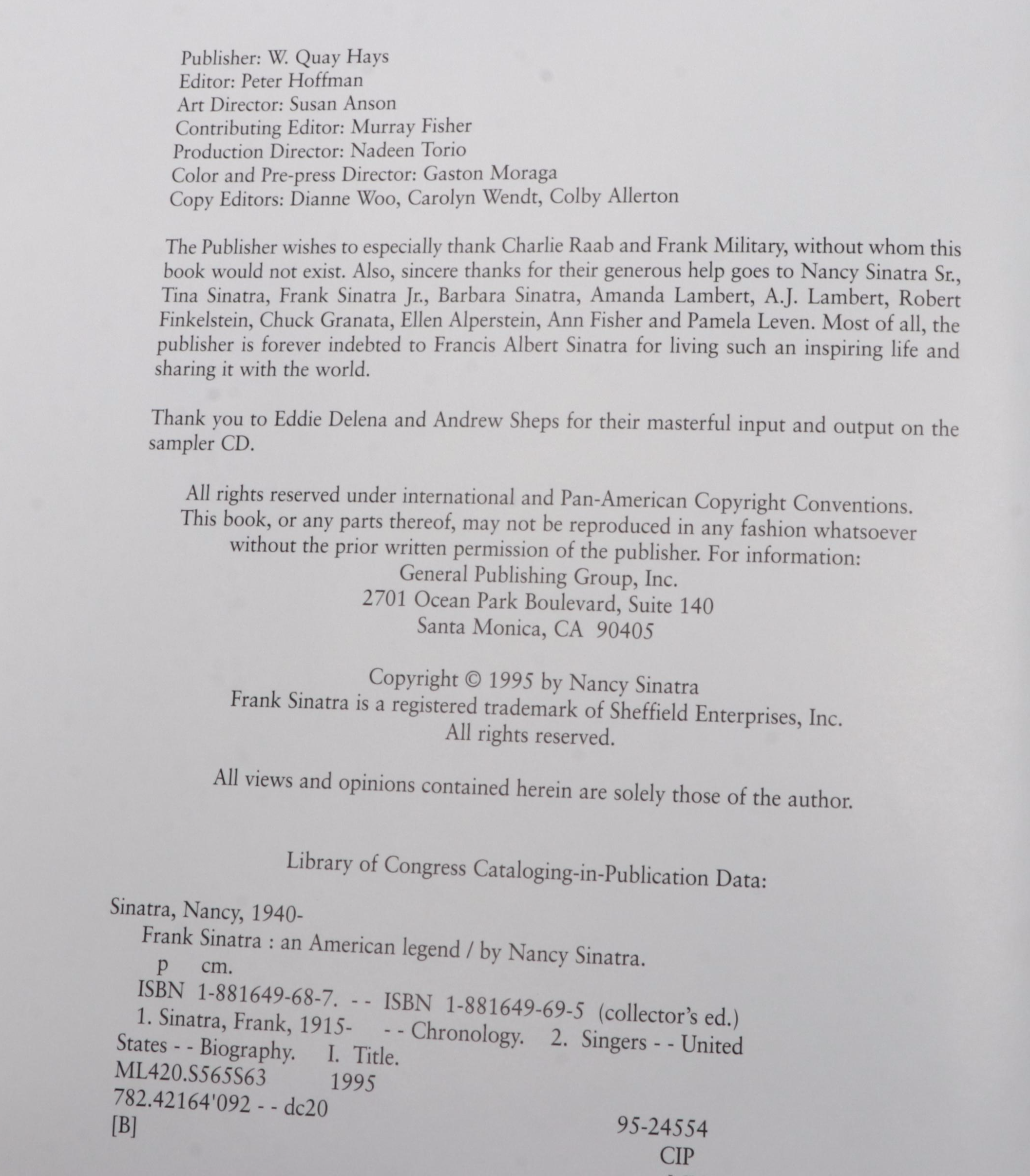 First Edition "Frank Sinatra: An American Legend" by Nancy Sinatra, 1995