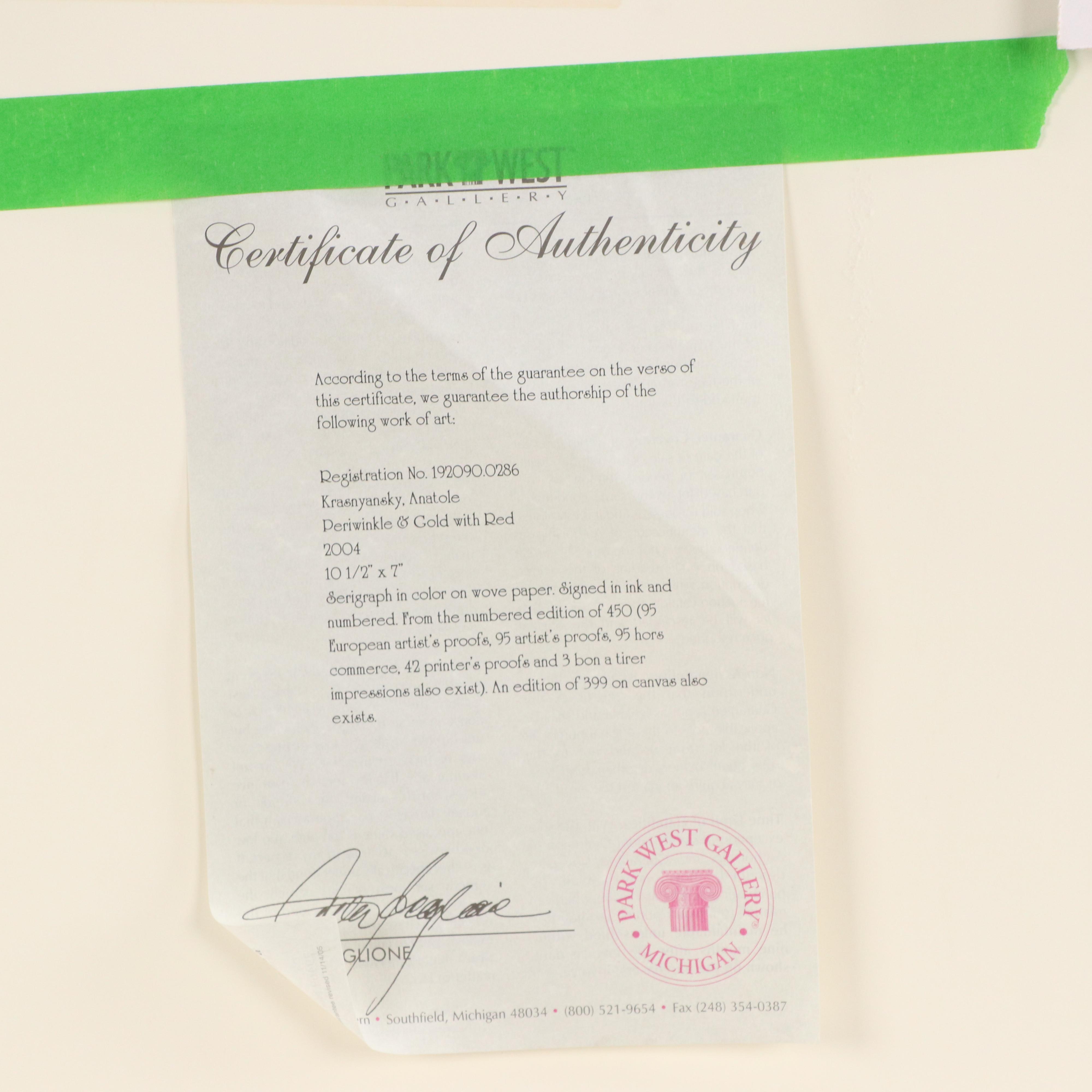 Anatole Krasnyansky Serigraph "Periwinkle & Gold with Red," 2004