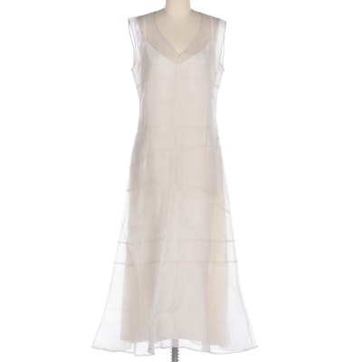 Prada Two-Piece Sheer Midi Sleeveless Slip Dress with V-Cut Neckline