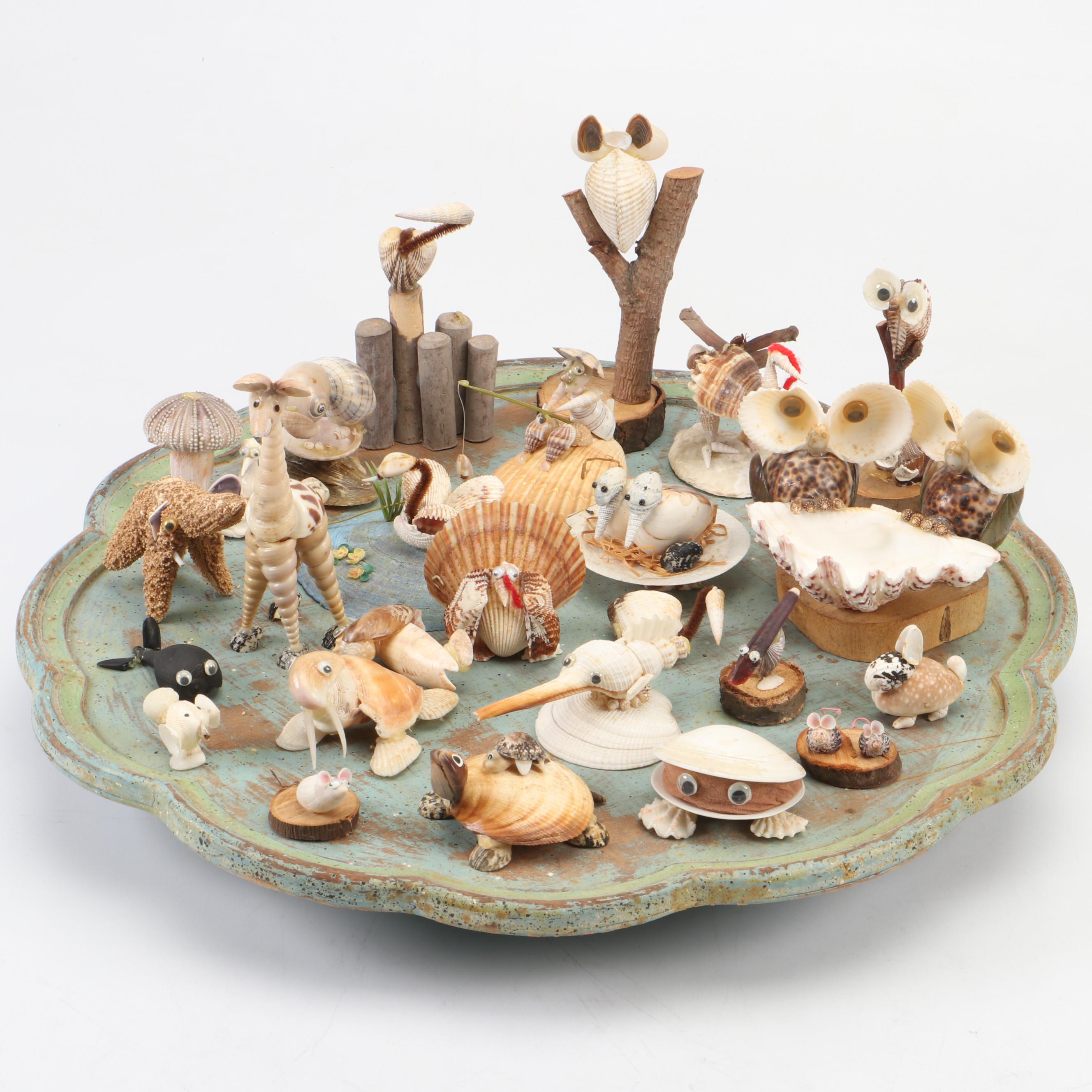 Marine Folk Art Seashell Creature Collection with Rotating Pedestal Stand