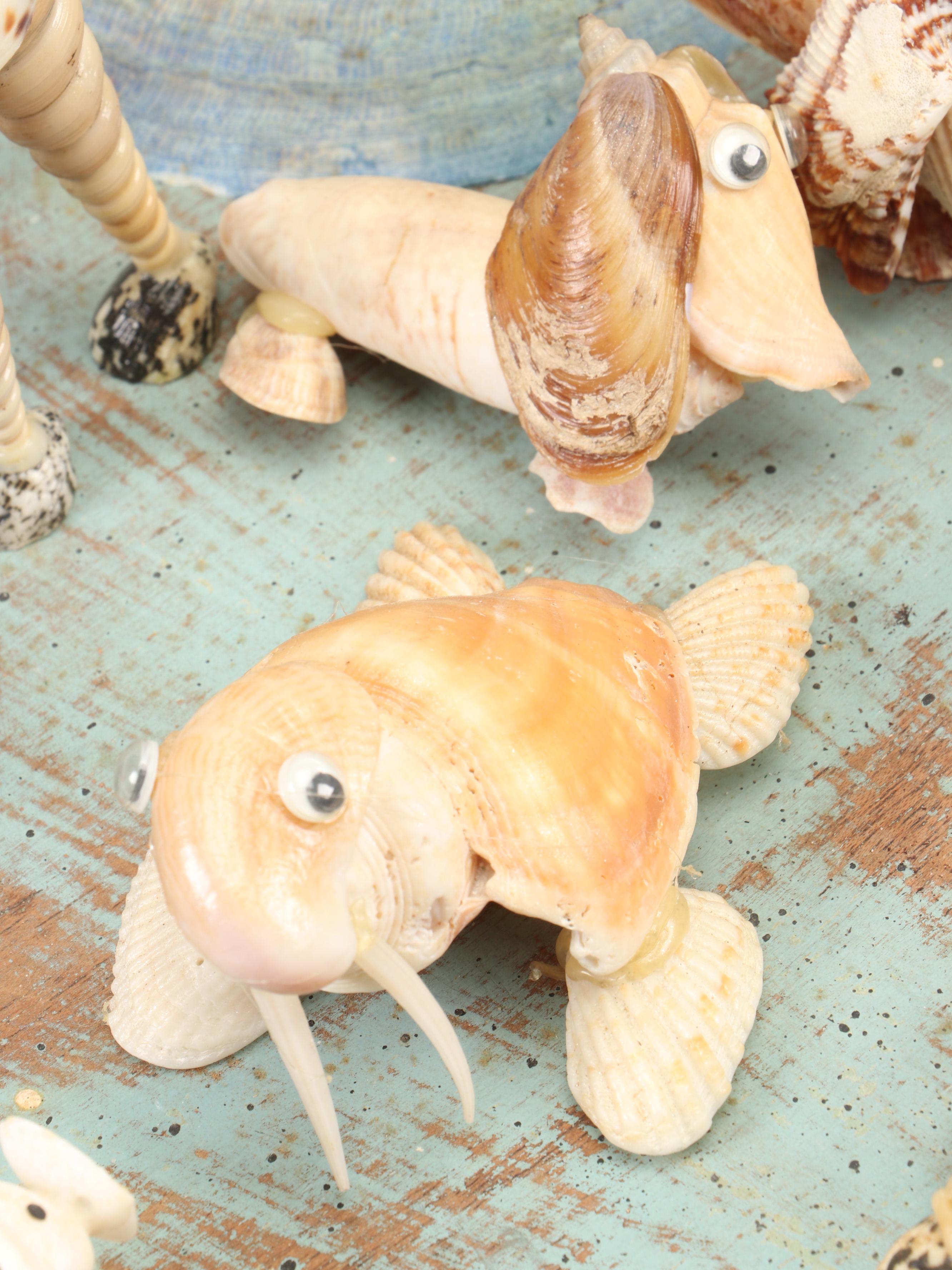 Marine Folk Art Seashell Creature Collection with Rotating Pedestal Stand
