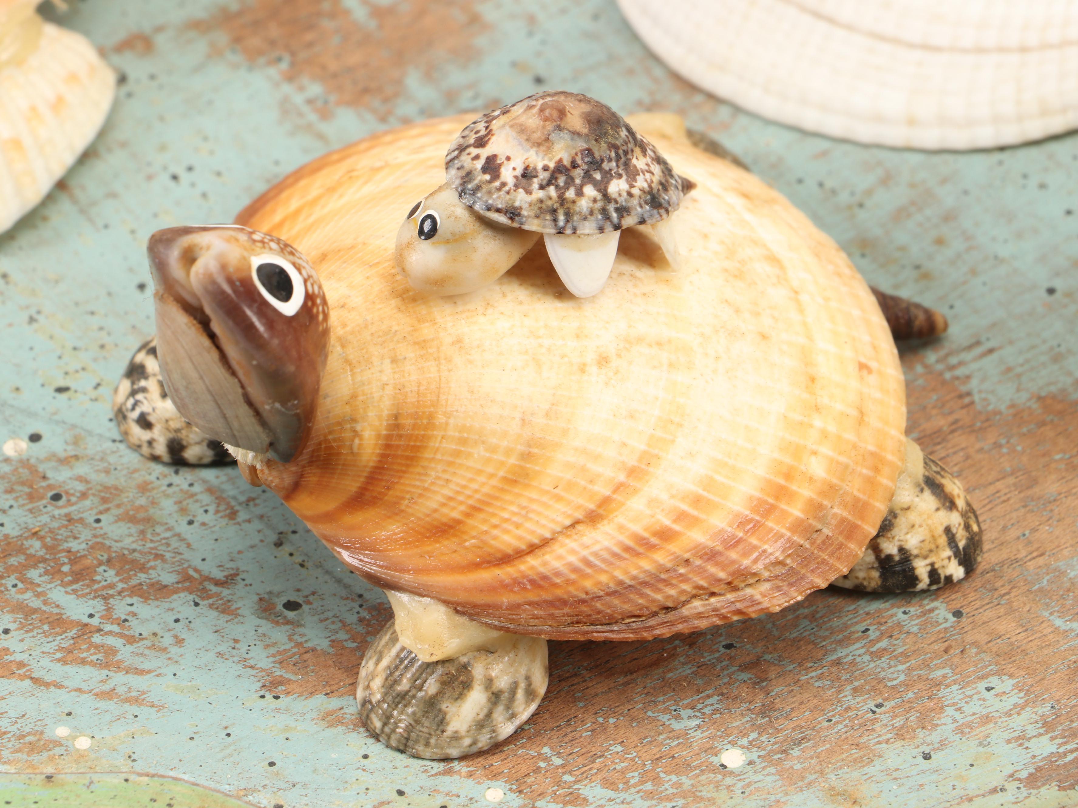 Marine Folk Art Seashell Creature Collection with Rotating Pedestal Stand