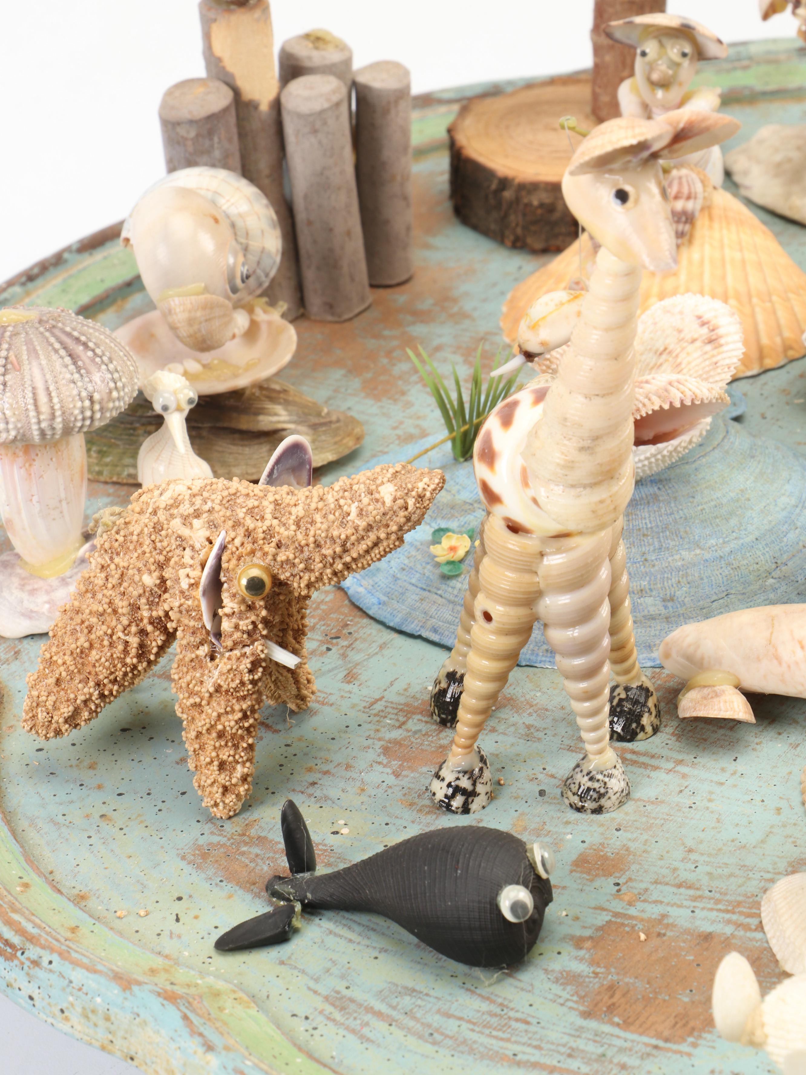 Marine Folk Art Seashell Creature Collection with Rotating Pedestal Stand