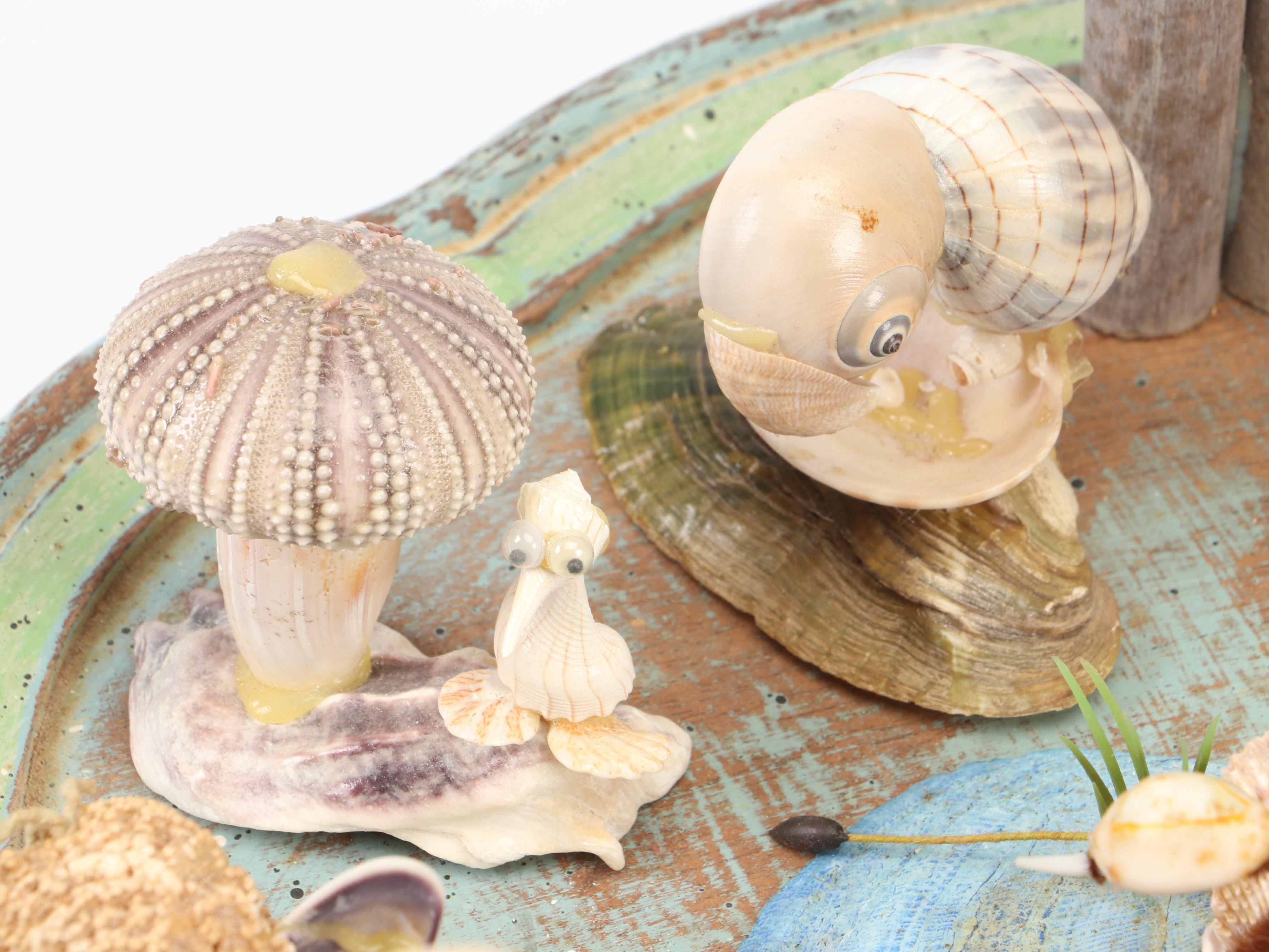 Marine Folk Art Seashell Creature Collection with Rotating Pedestal Stand