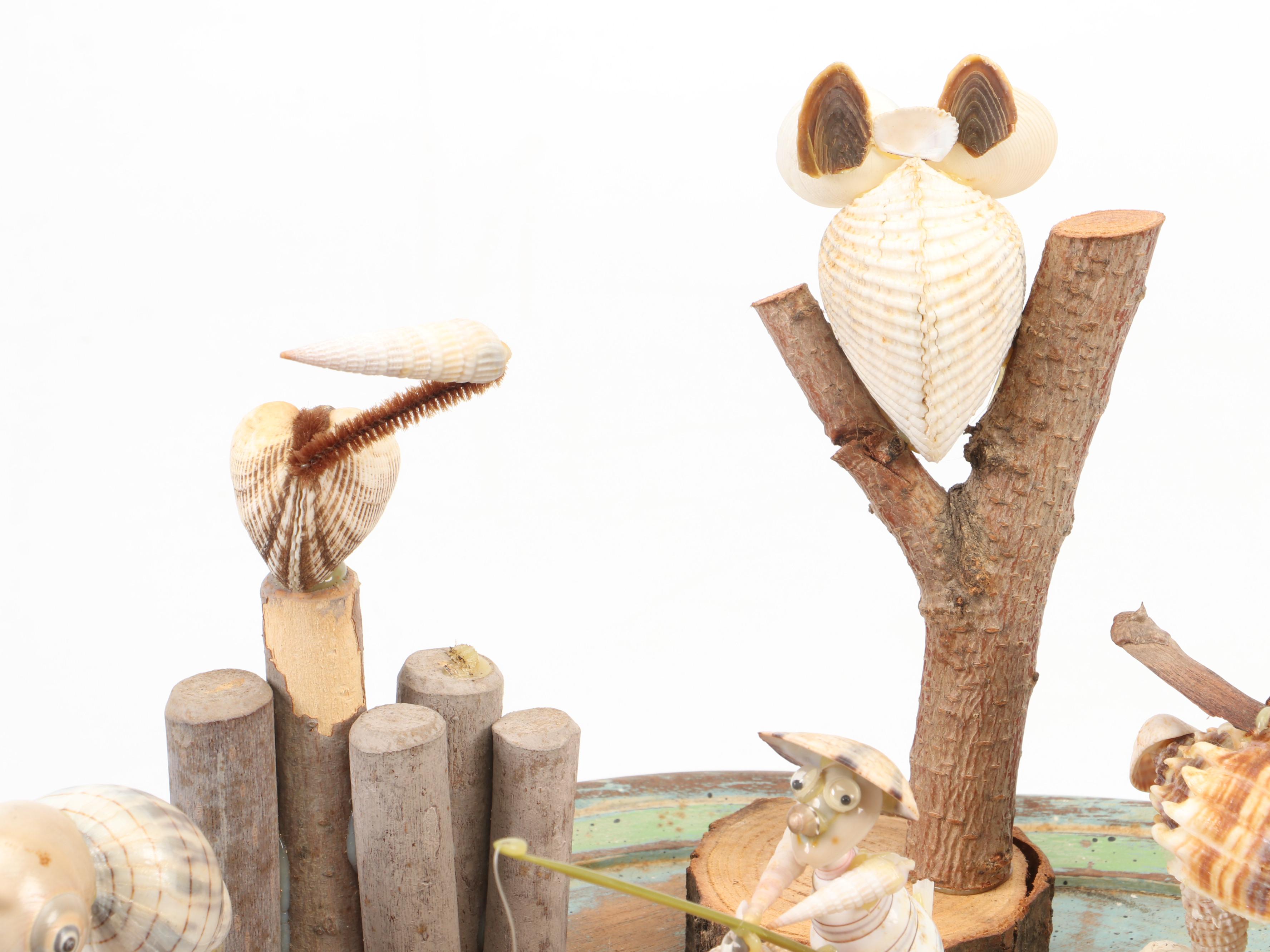 Marine Folk Art Seashell Creature Collection with Rotating Pedestal Stand